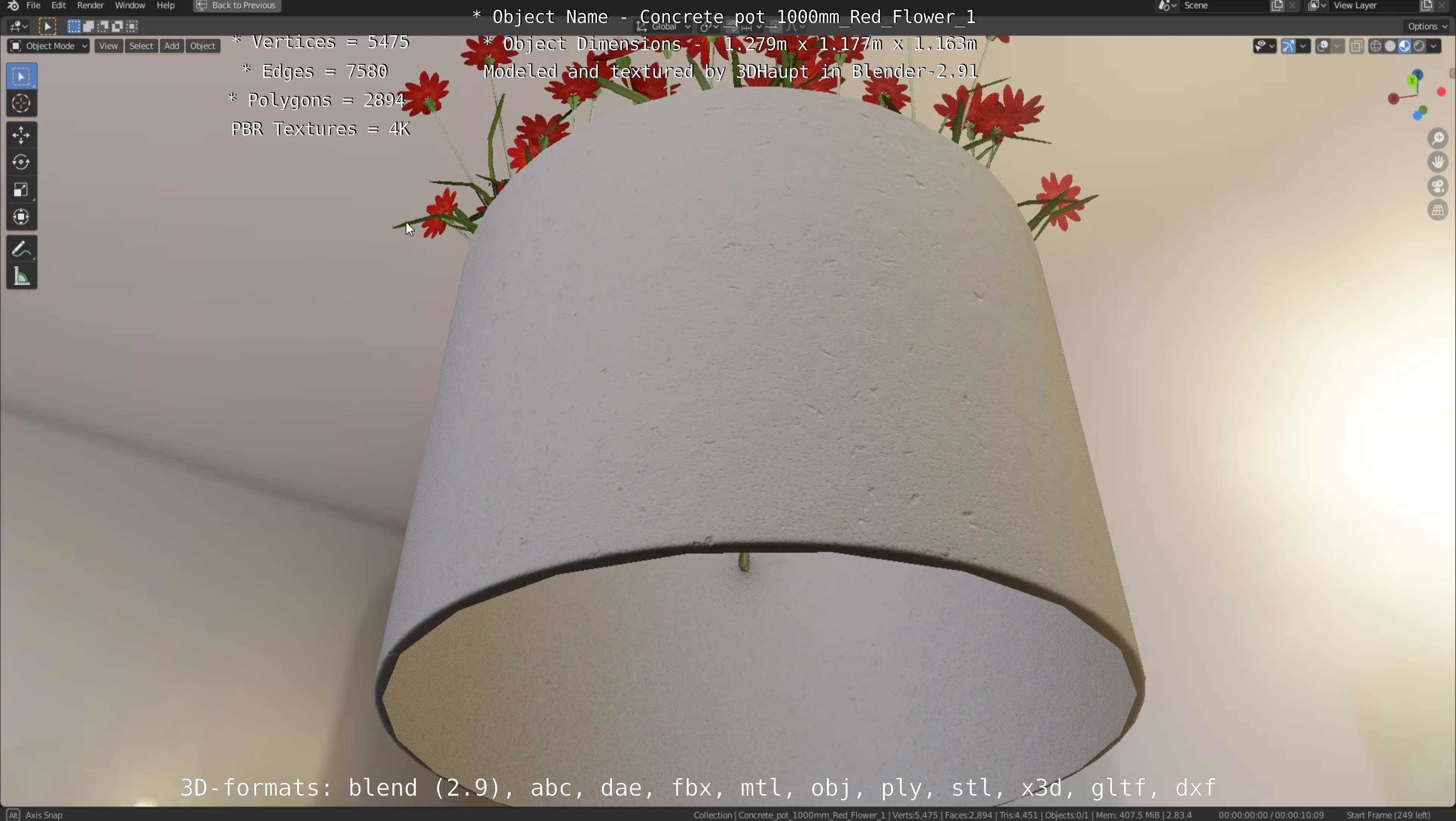 Concrete 1000mm with Red Flowers Version 1 Low-poly 3D model_79