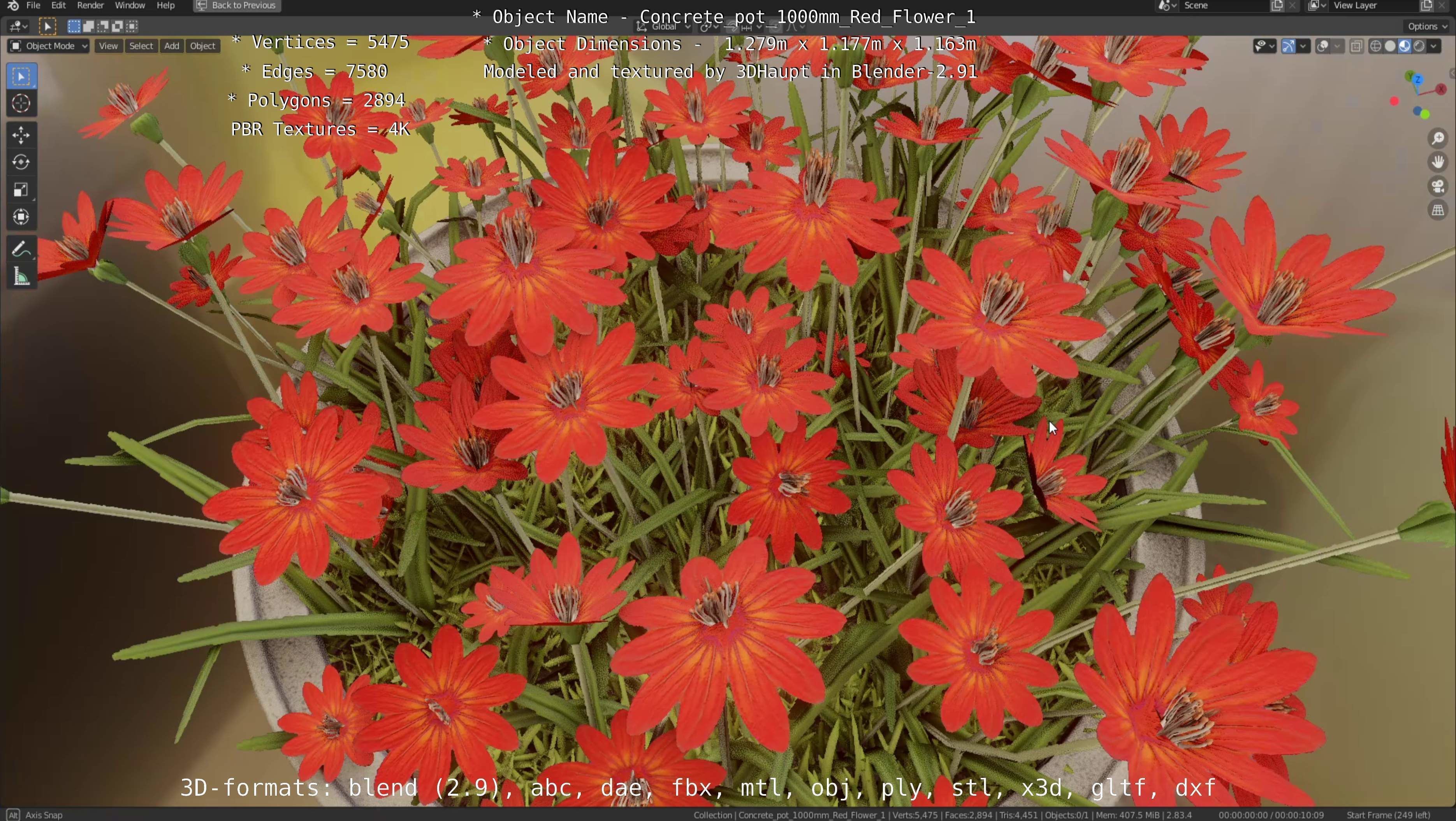 Concrete 1000mm with Red Flowers Version 1 Low-poly 3D model_34