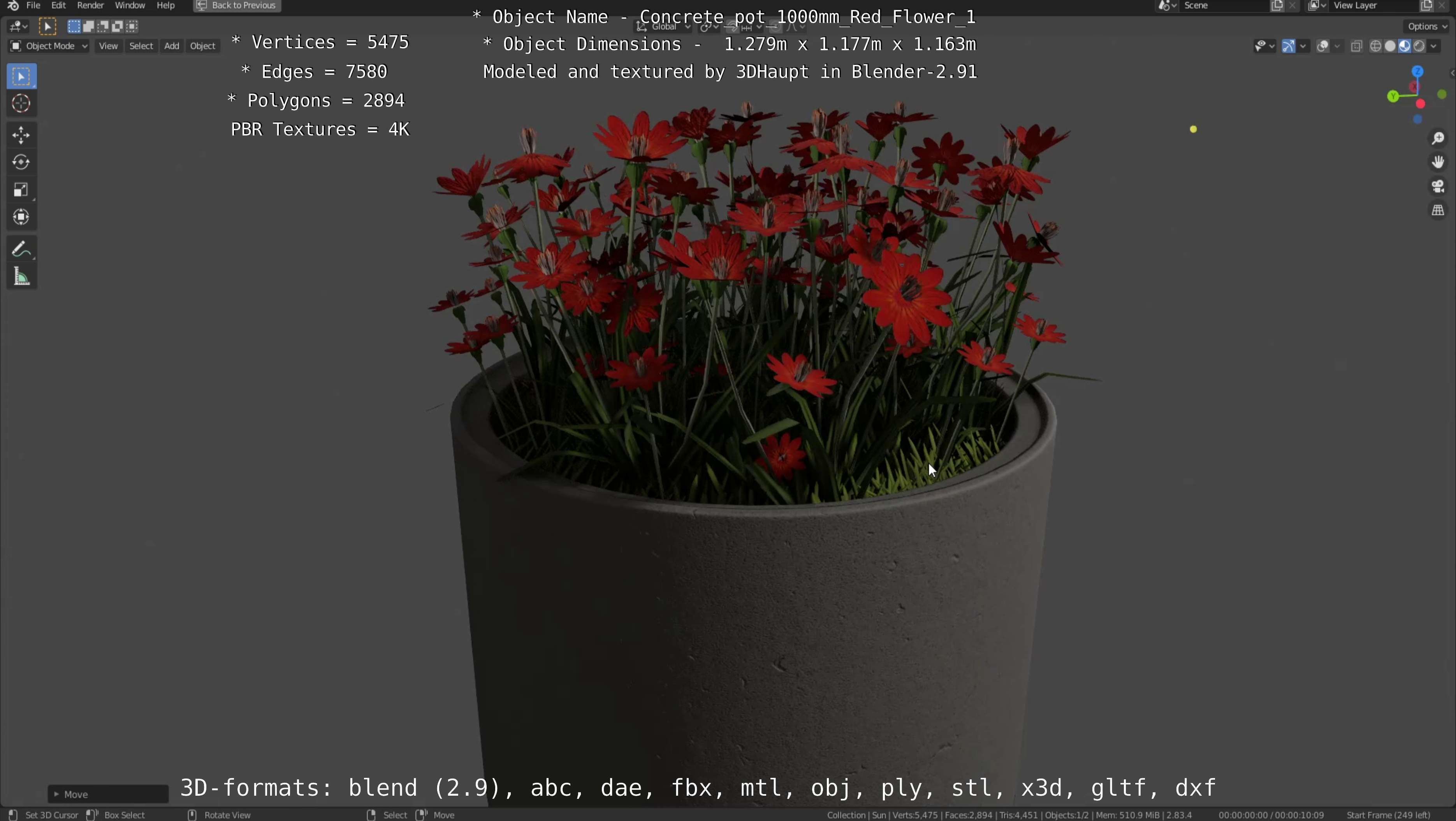 Concrete 1000mm with Red Flowers Version 1 Low-poly 3D model_11