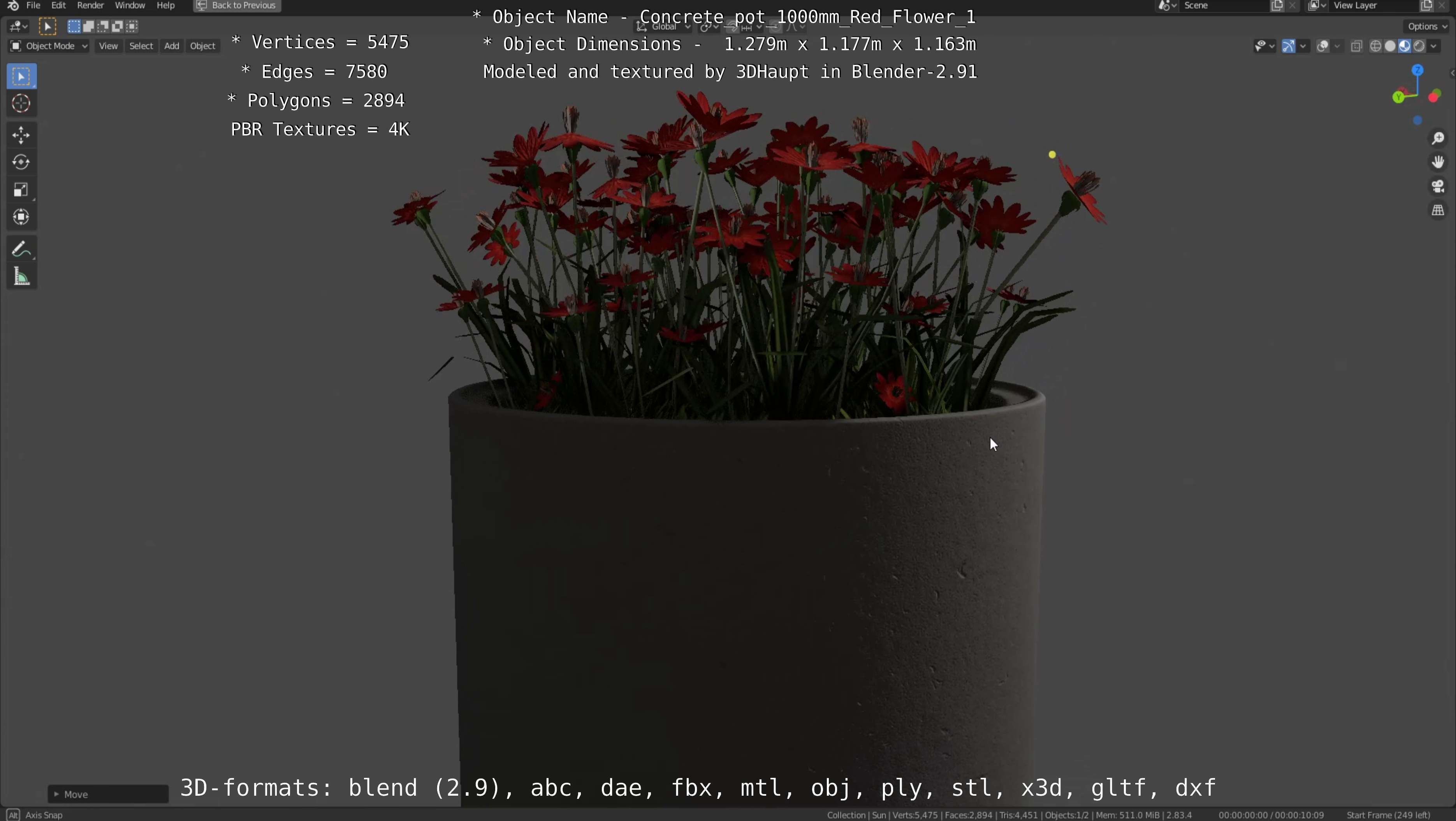 Concrete 1000mm with Red Flowers Version 1 Low-poly 3D model_111