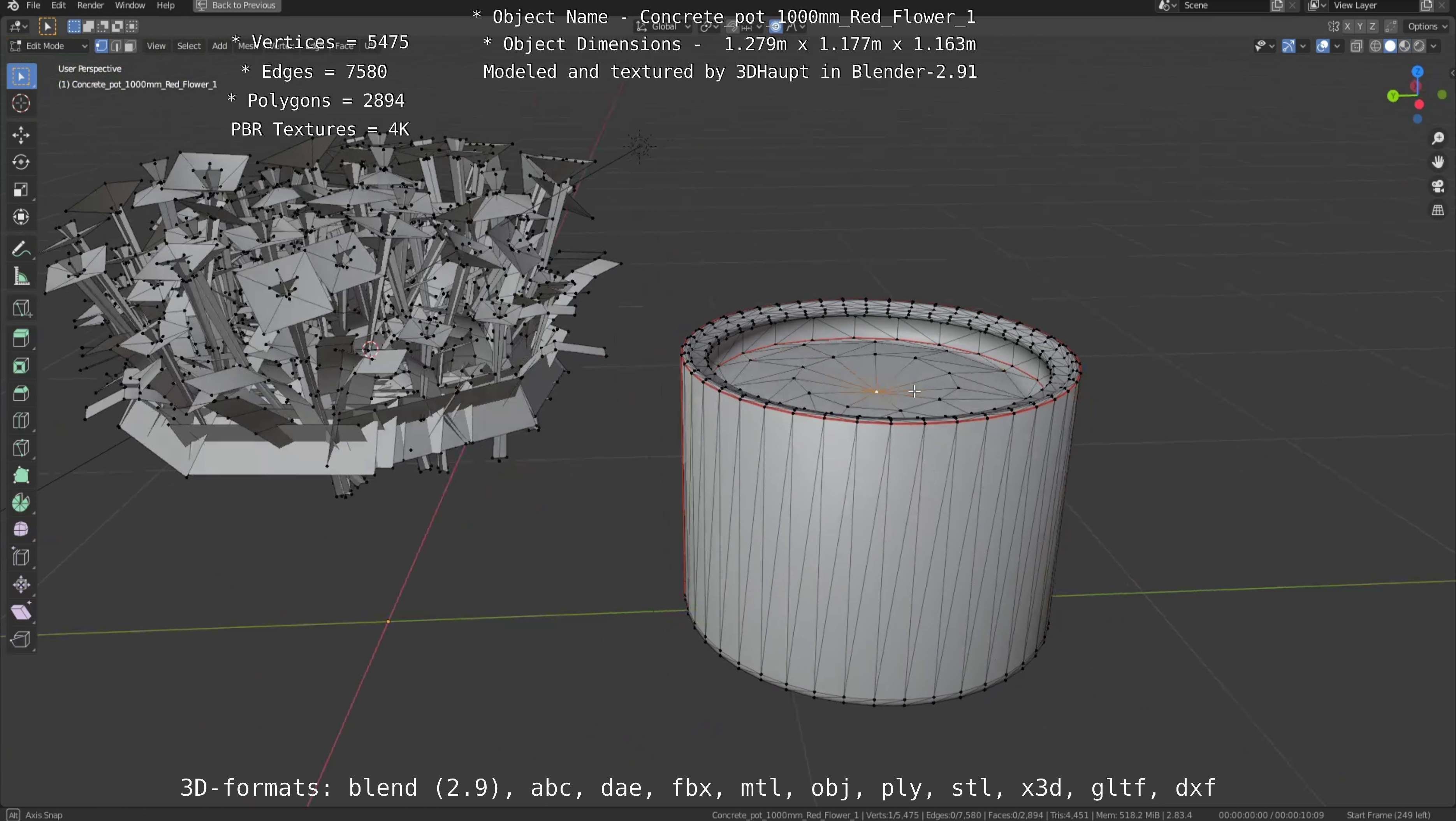 Concrete 1000mm with Red Flowers Version 1 Low-poly 3D model_65