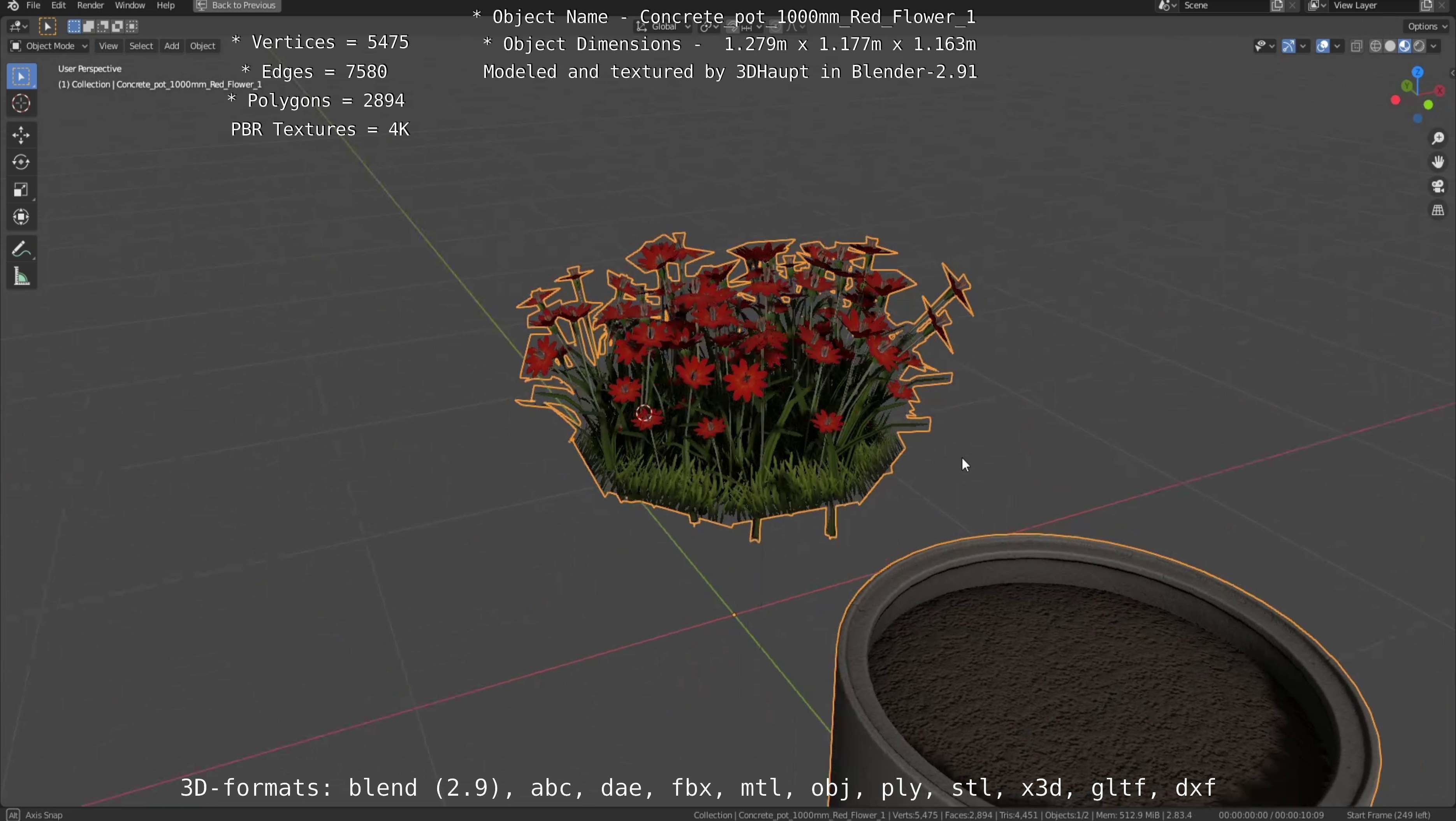Concrete 1000mm with Red Flowers Version 1 Low-poly 3D model_114