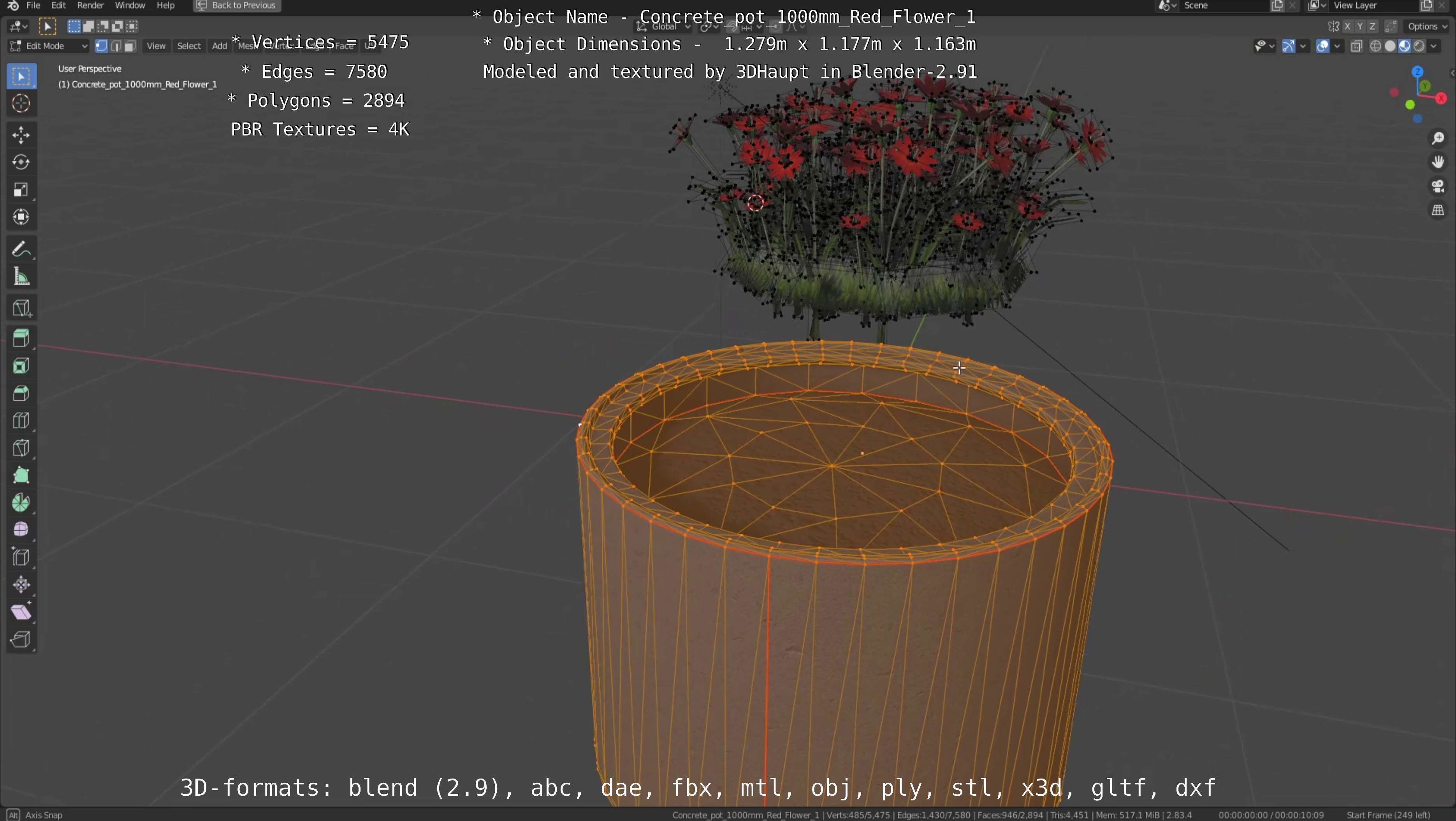 Concrete 1000mm with Red Flowers Version 1 Low-poly 3D model_72