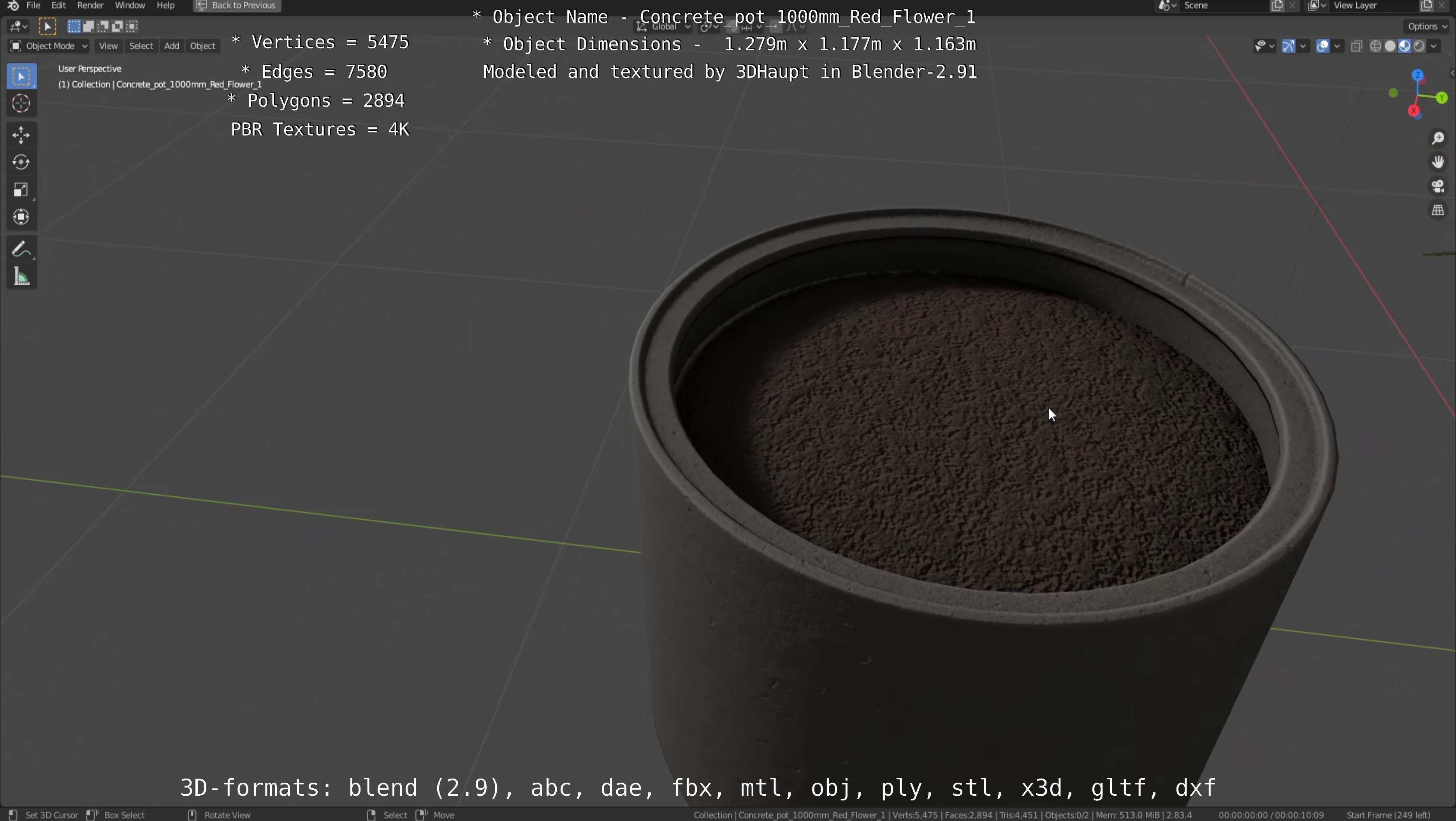 Concrete 1000mm with Red Flowers Version 1 Low-poly 3D model_117