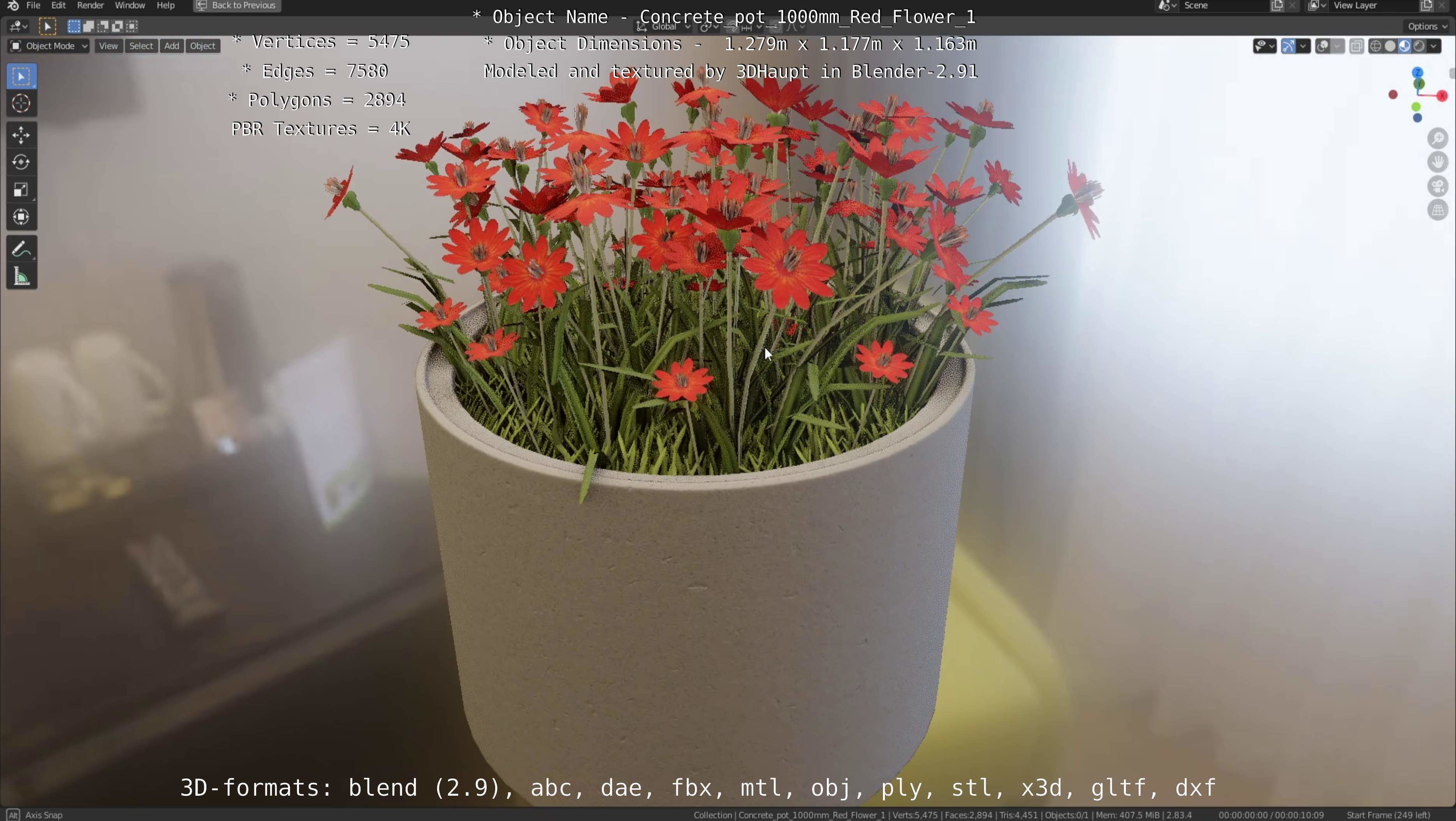 Concrete 1000mm with Red Flowers Version 1 Low-poly 3D model_76