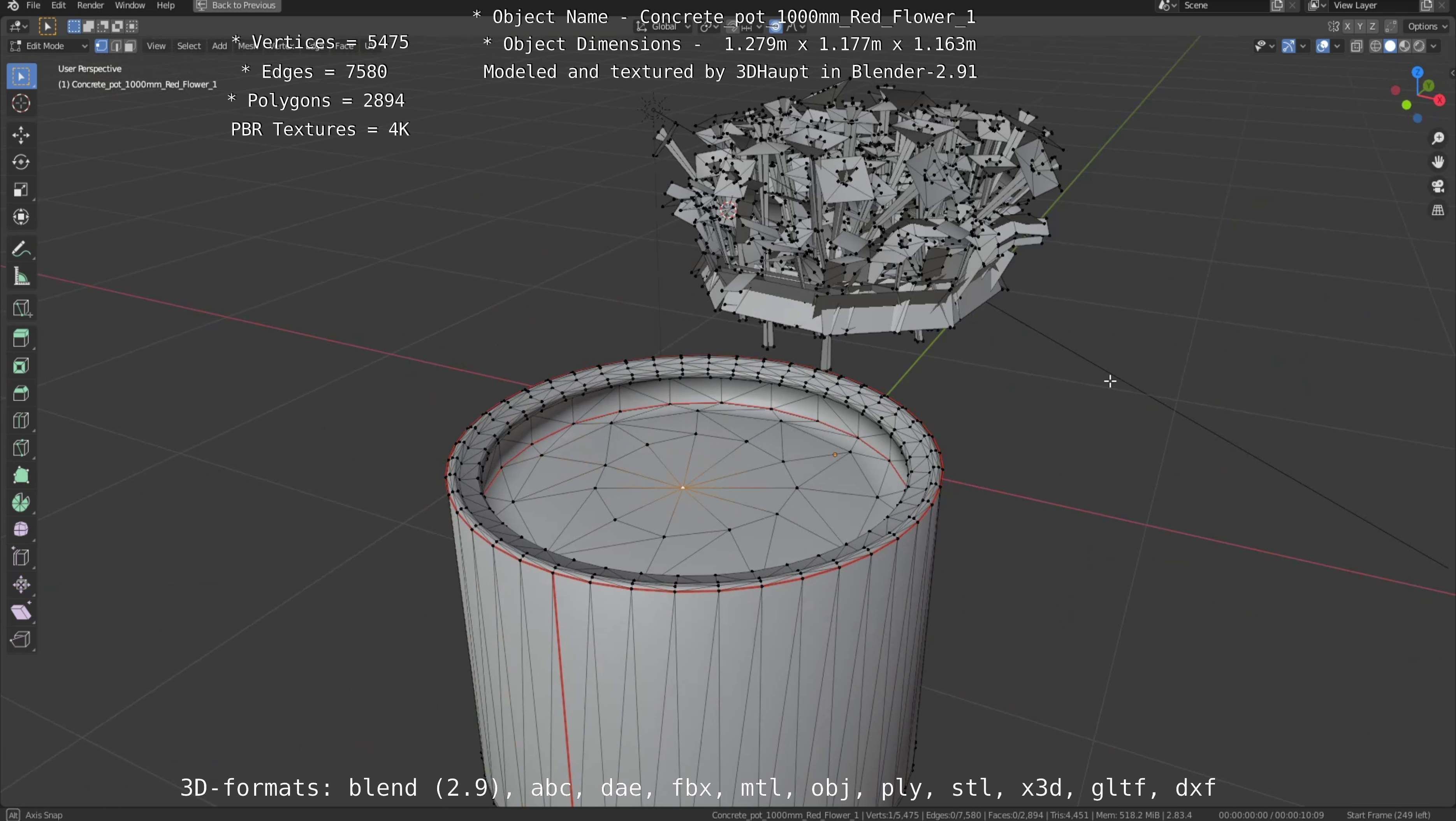 Concrete 1000mm with Red Flowers Version 1 Low-poly 3D model_68