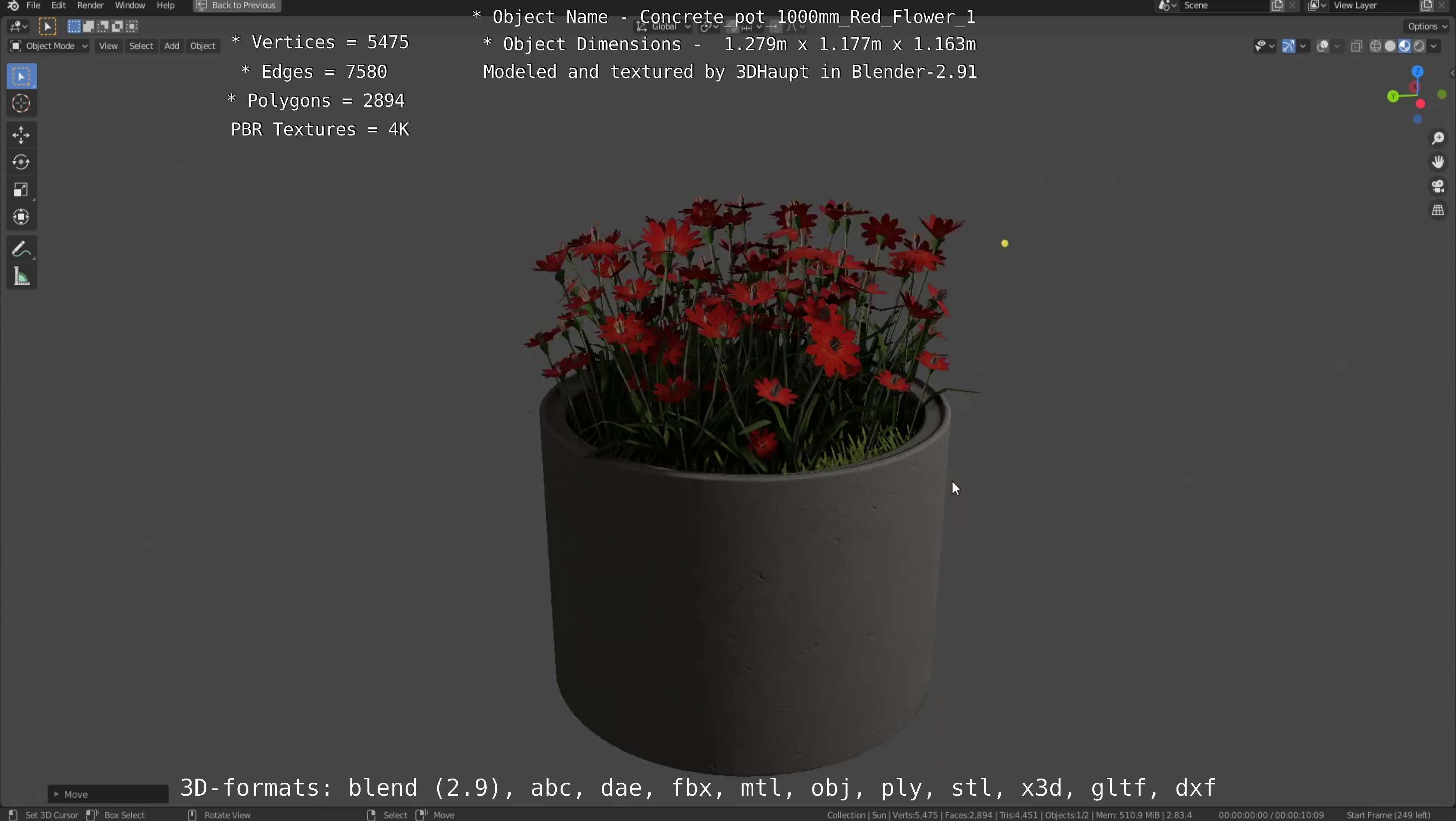 Concrete 1000mm with Red Flowers Version 1 Low-poly 3D model_109