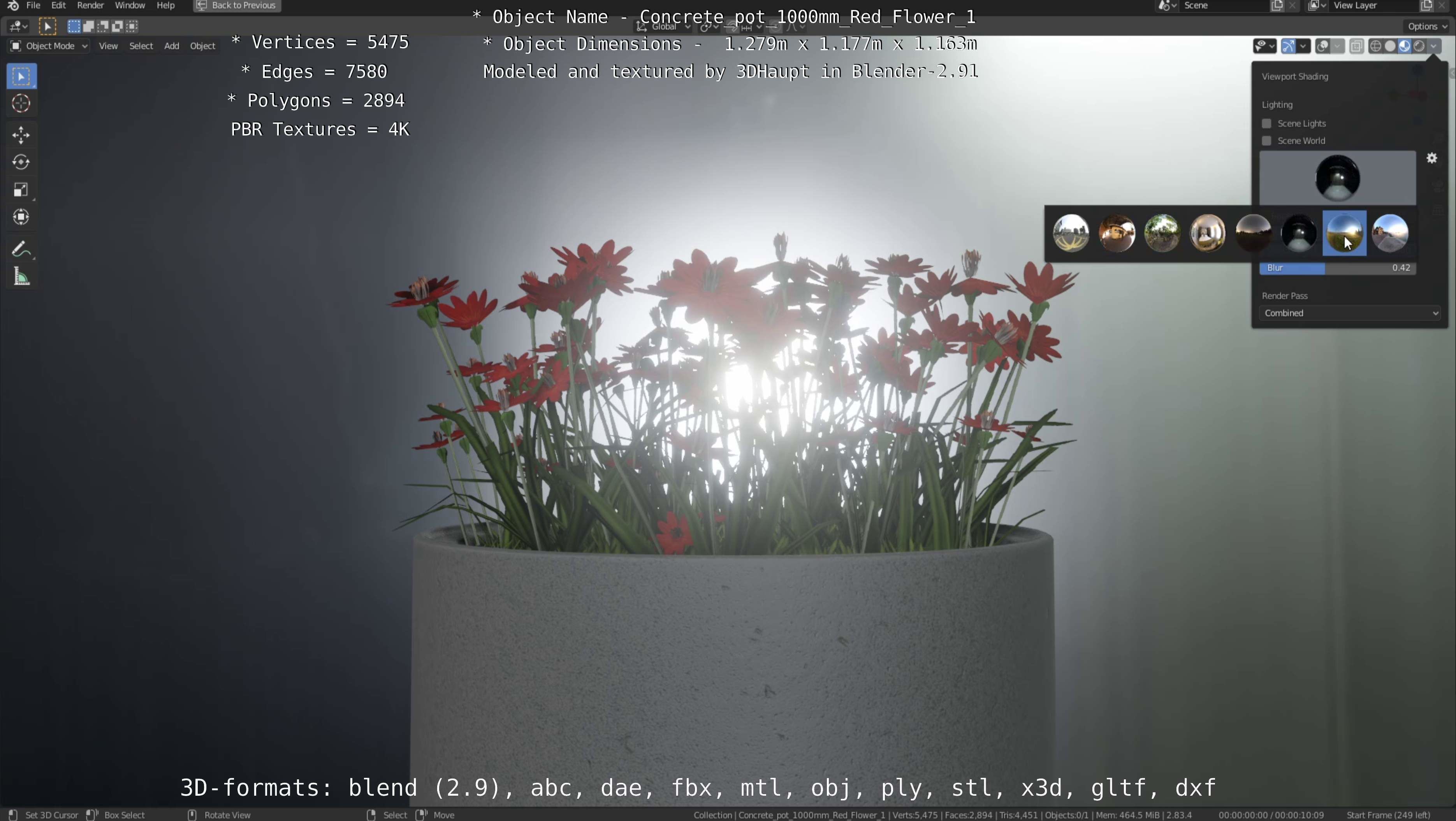 Concrete 1000mm with Red Flowers Version 1 Low-poly 3D model_97