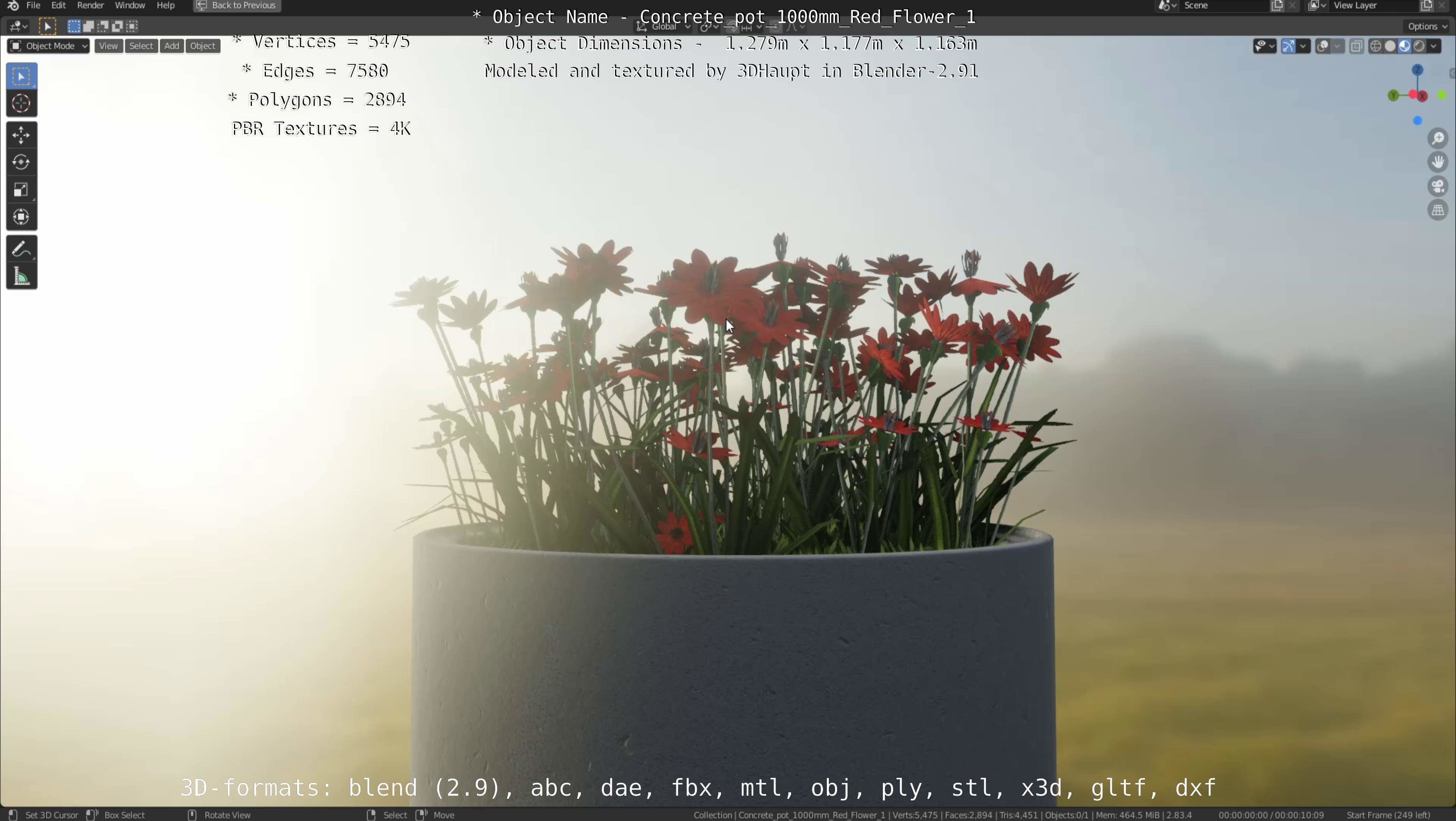 Concrete 1000mm with Red Flowers Version 1 Low-poly 3D model_99