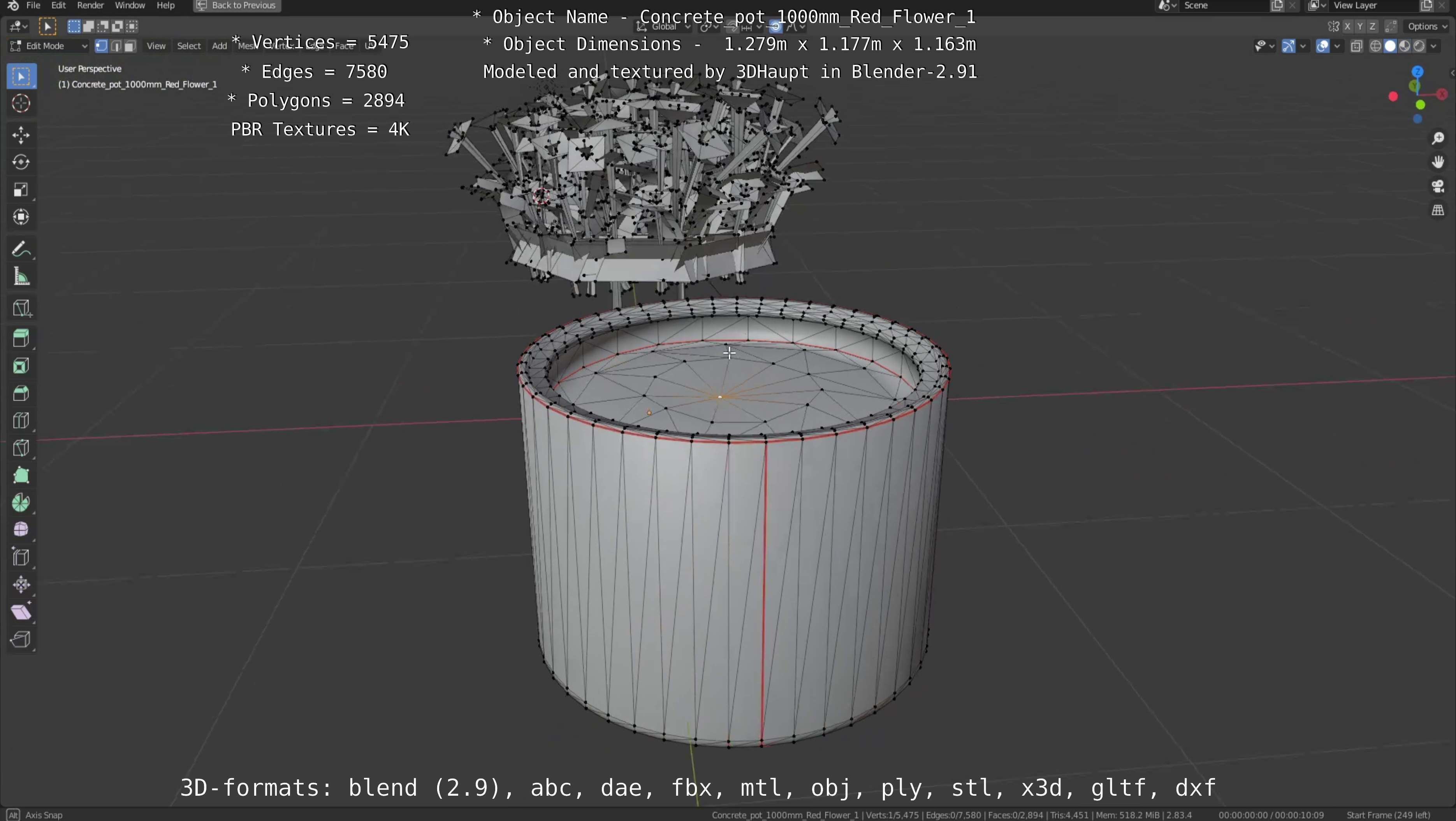 Concrete 1000mm with Red Flowers Version 1 Low-poly 3D model_63