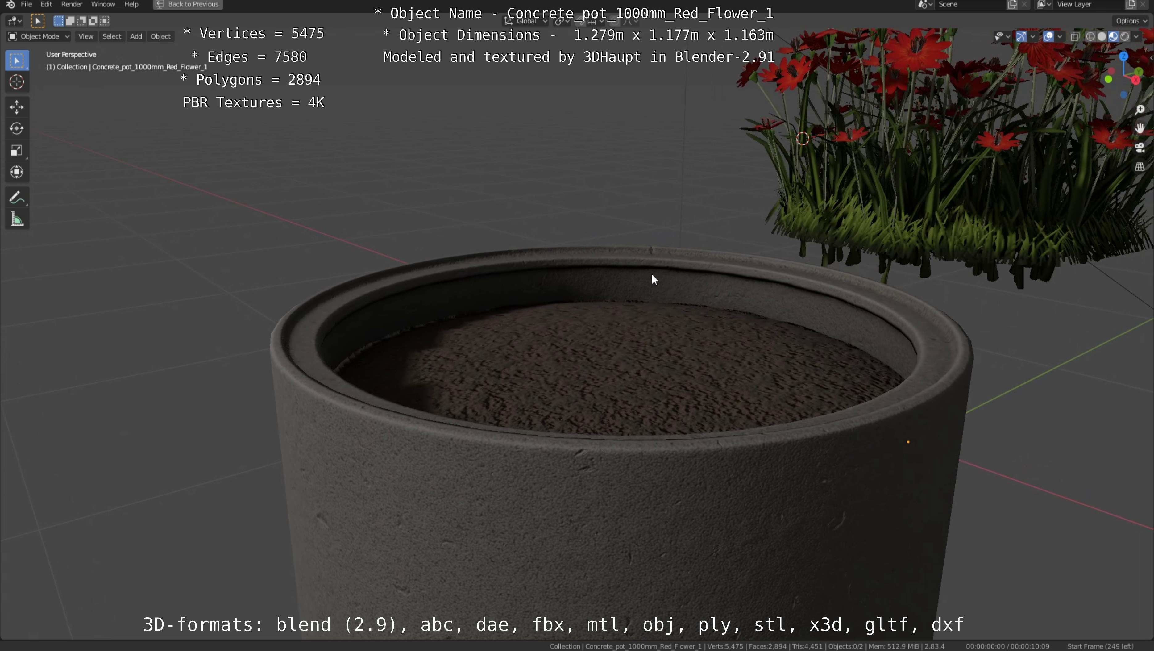 Concrete 1000mm with Red Flowers Version 1 Low-poly 3D model_39