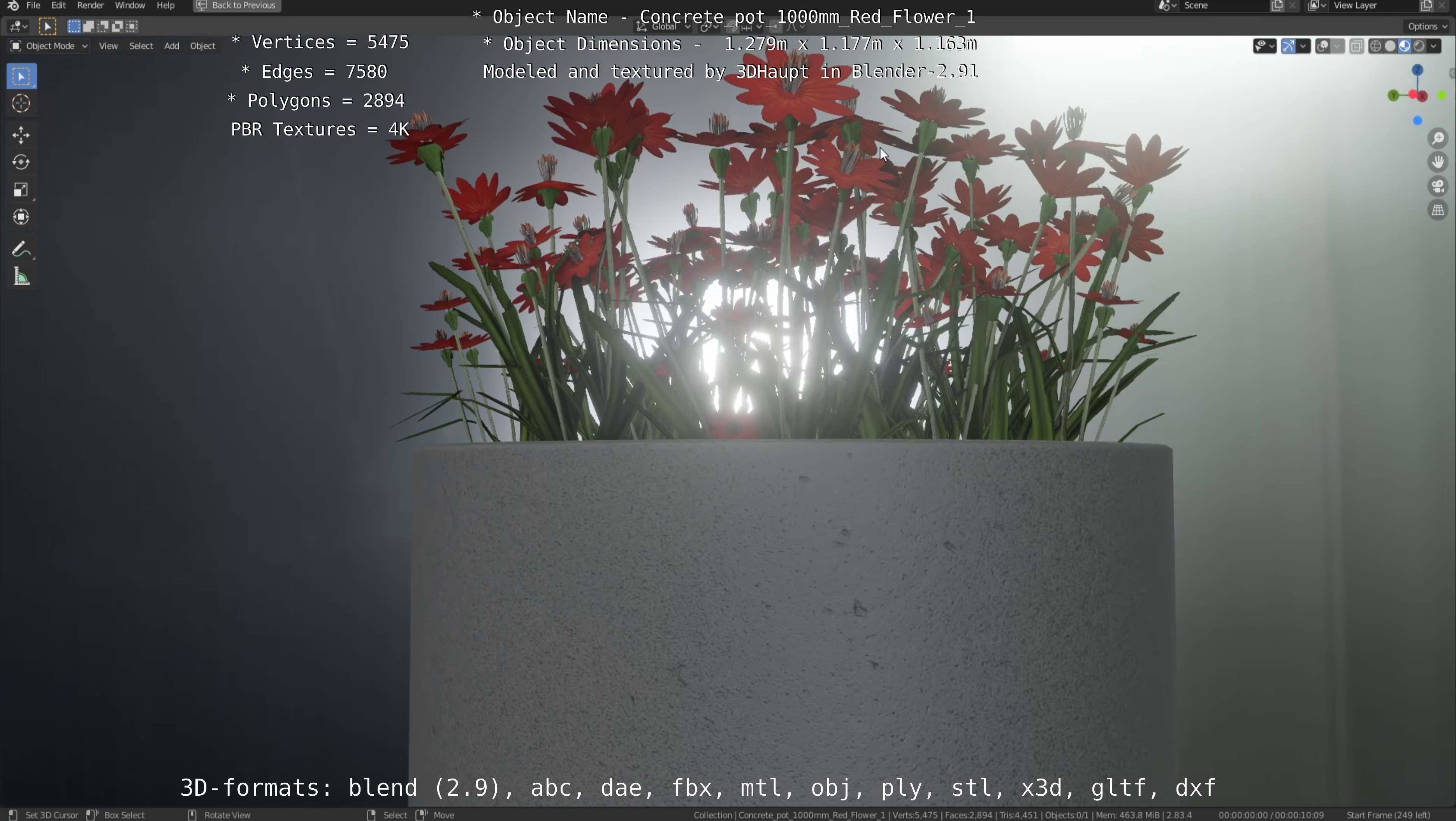 Concrete 1000mm with Red Flowers Version 1 Low-poly 3D model_88