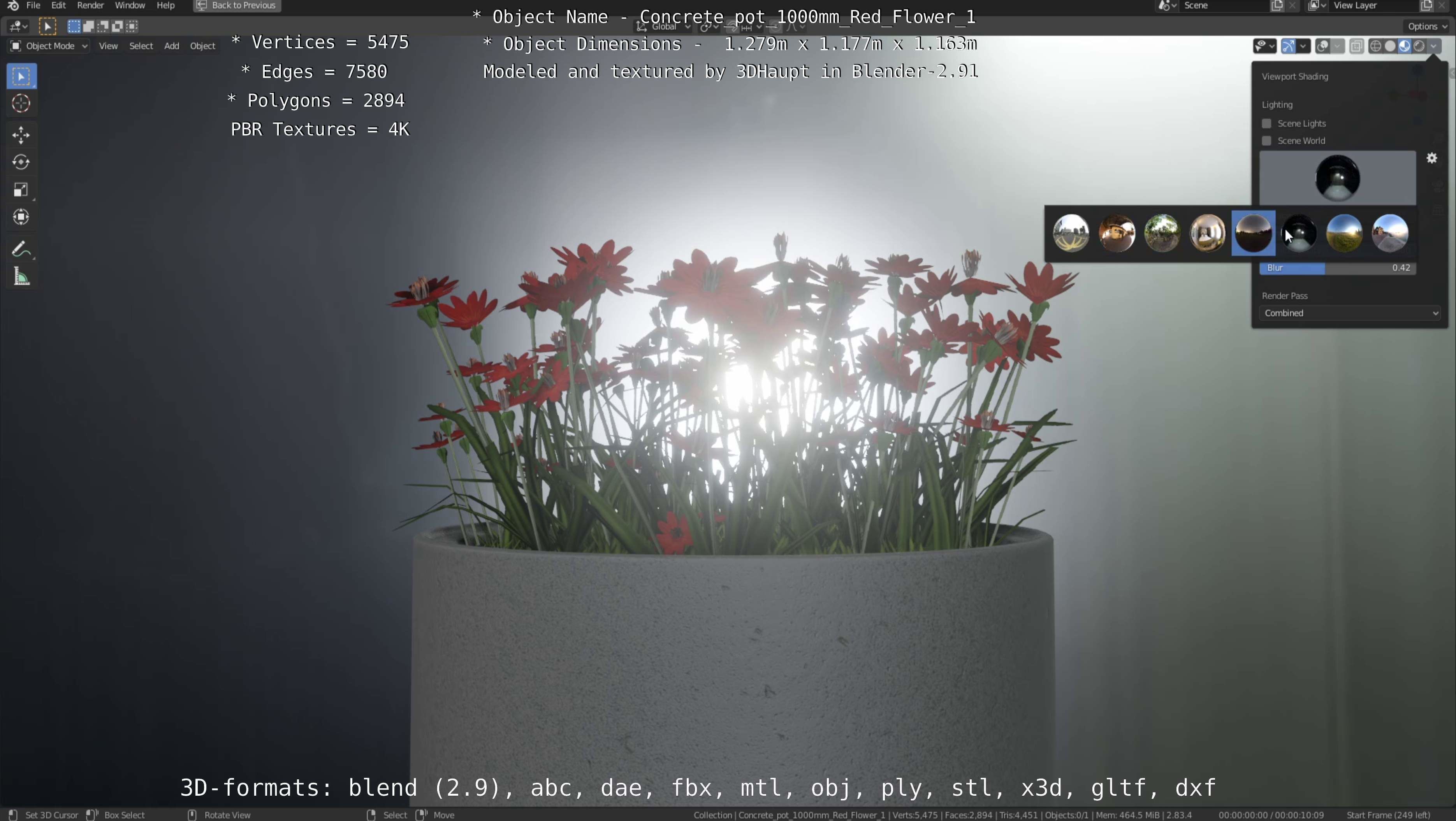 Concrete 1000mm with Red Flowers Version 1 Low-poly 3D model_9