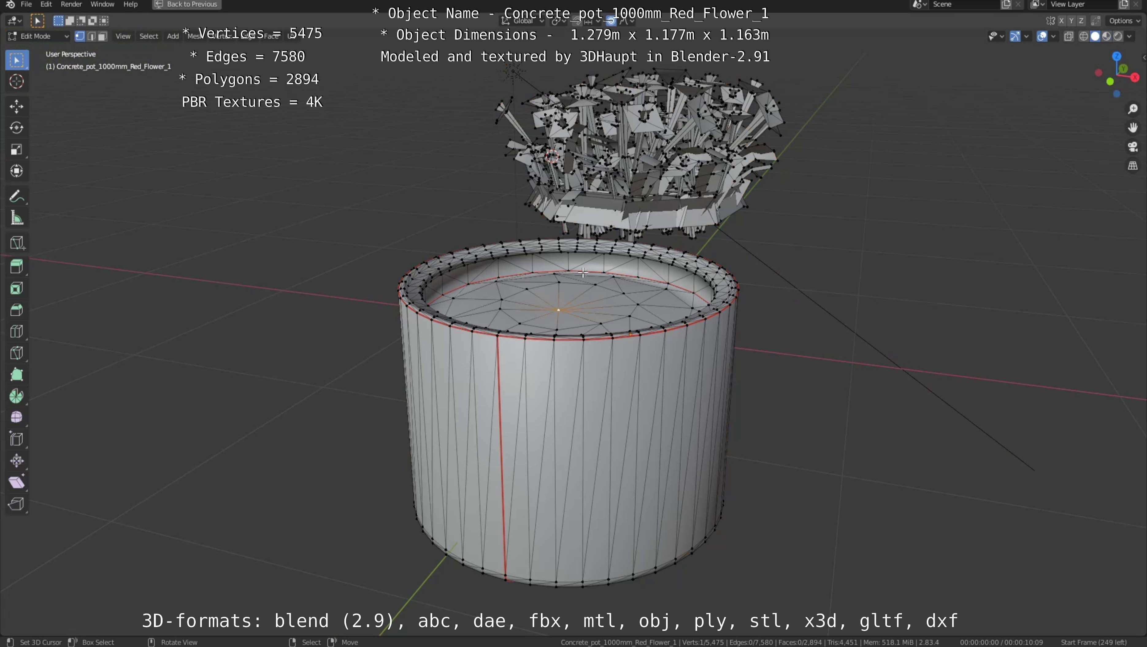 Concrete 1000mm with Red Flowers Version 1 Low-poly 3D model_29