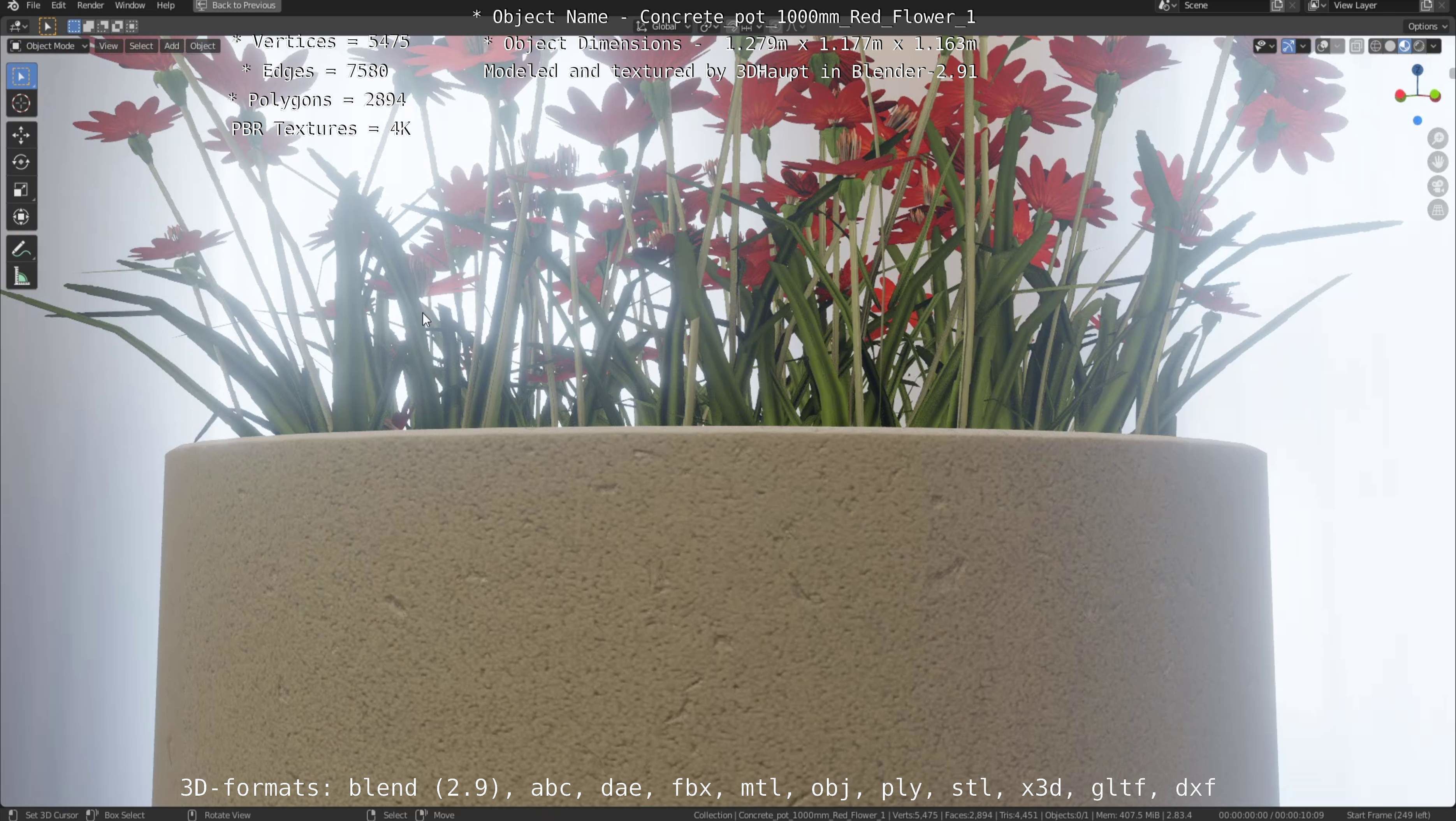 Concrete 1000mm with Red Flowers Version 1 Low-poly 3D model_37