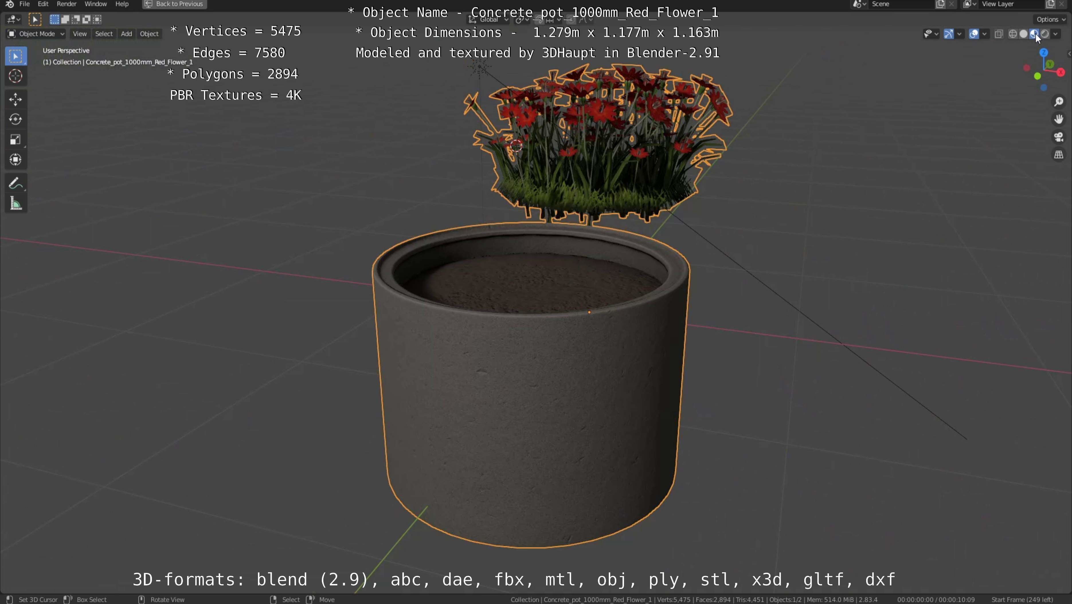 Concrete 1000mm with Red Flowers Version 1 Low-poly 3D model_60