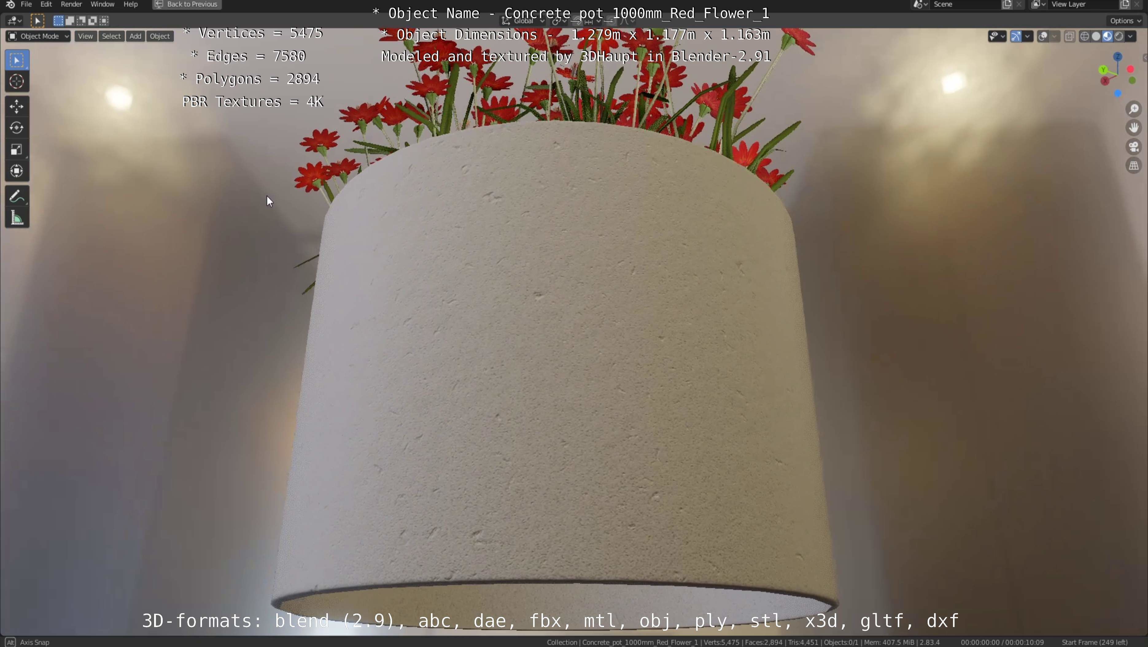 Concrete 1000mm with Red Flowers Version 1 Low-poly 3D model_81