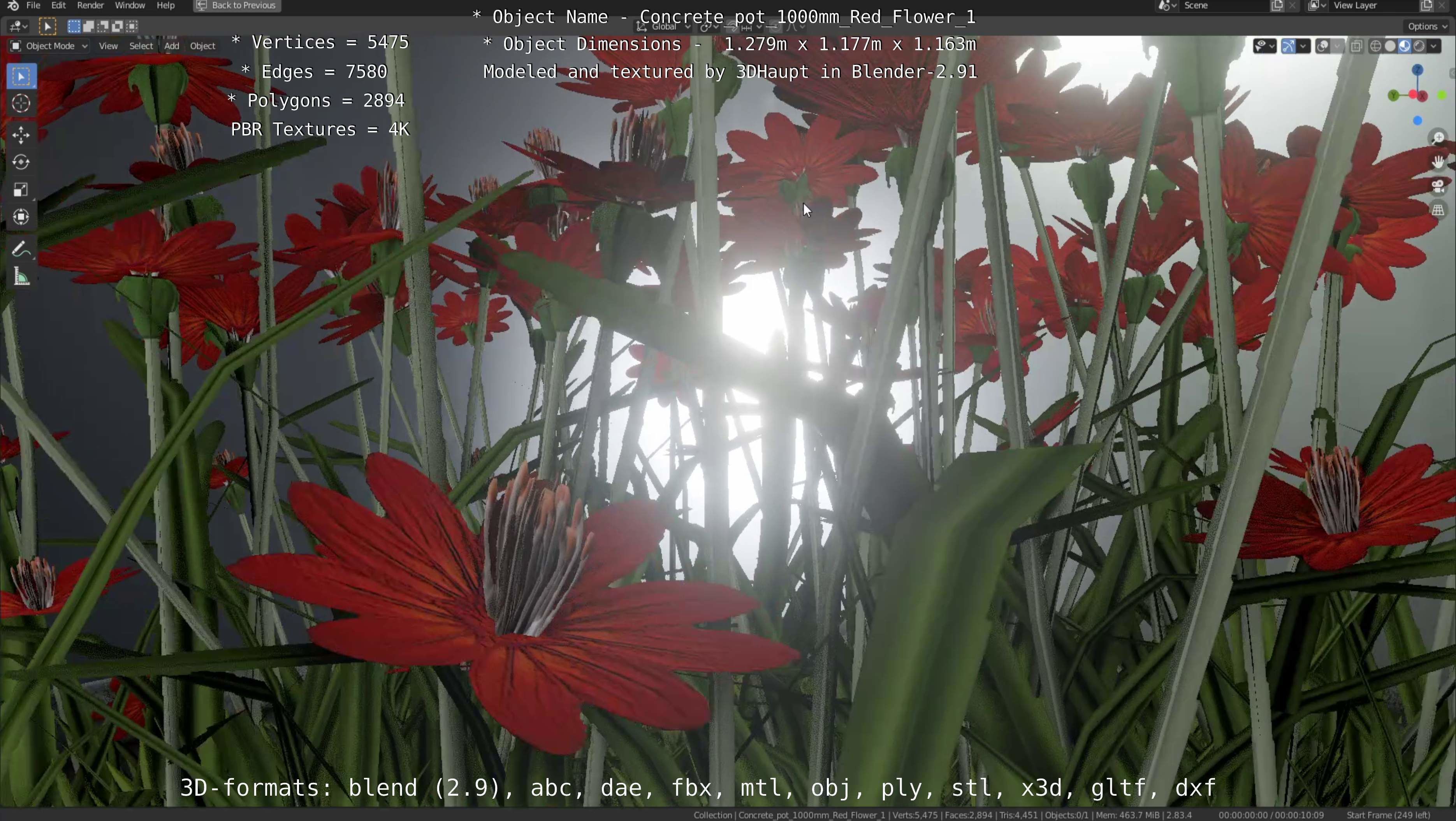 Concrete 1000mm with Red Flowers Version 1 Low-poly 3D model_92
