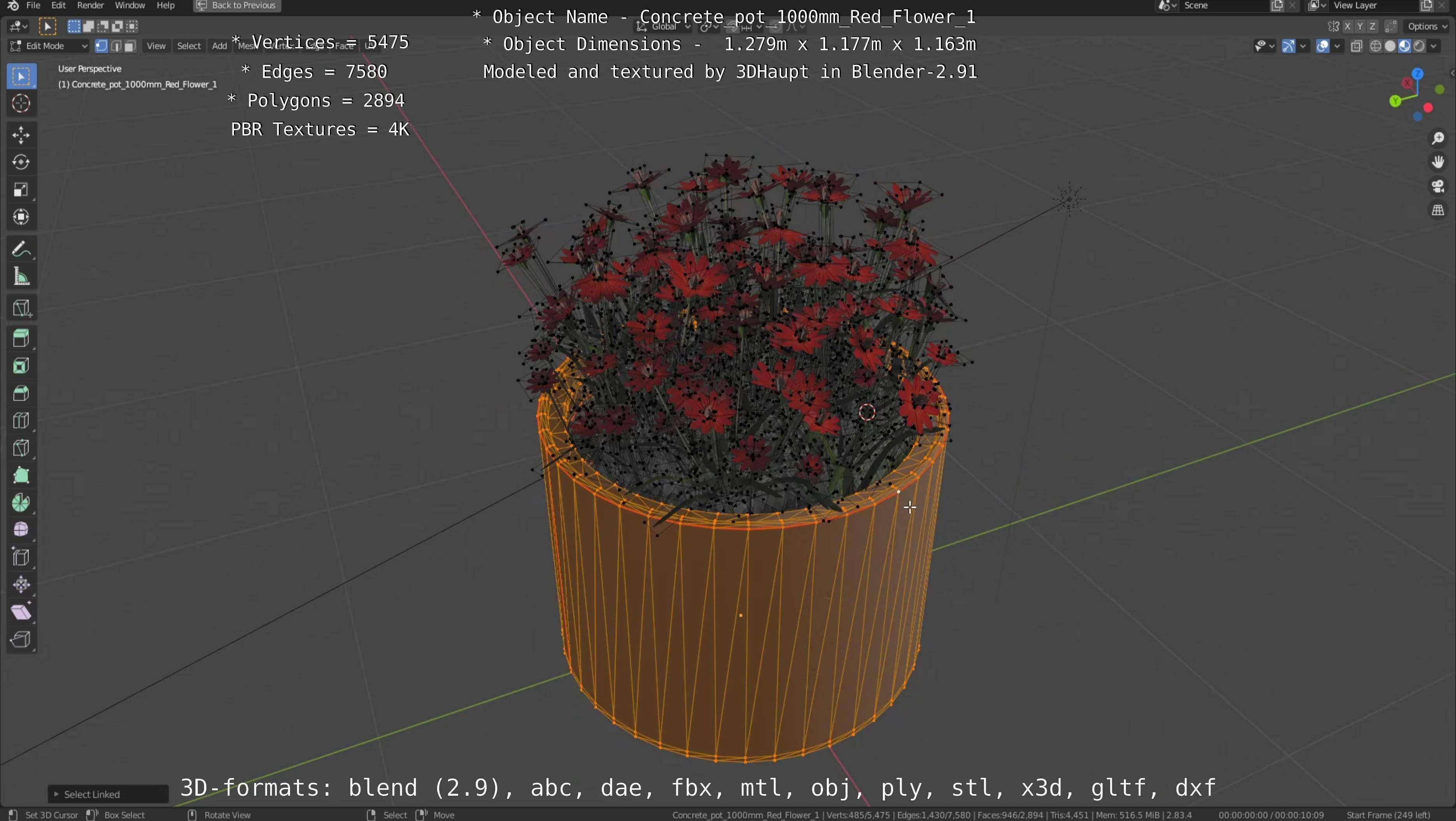 Concrete 1000mm with Red Flowers Version 1 Low-poly 3D model_17