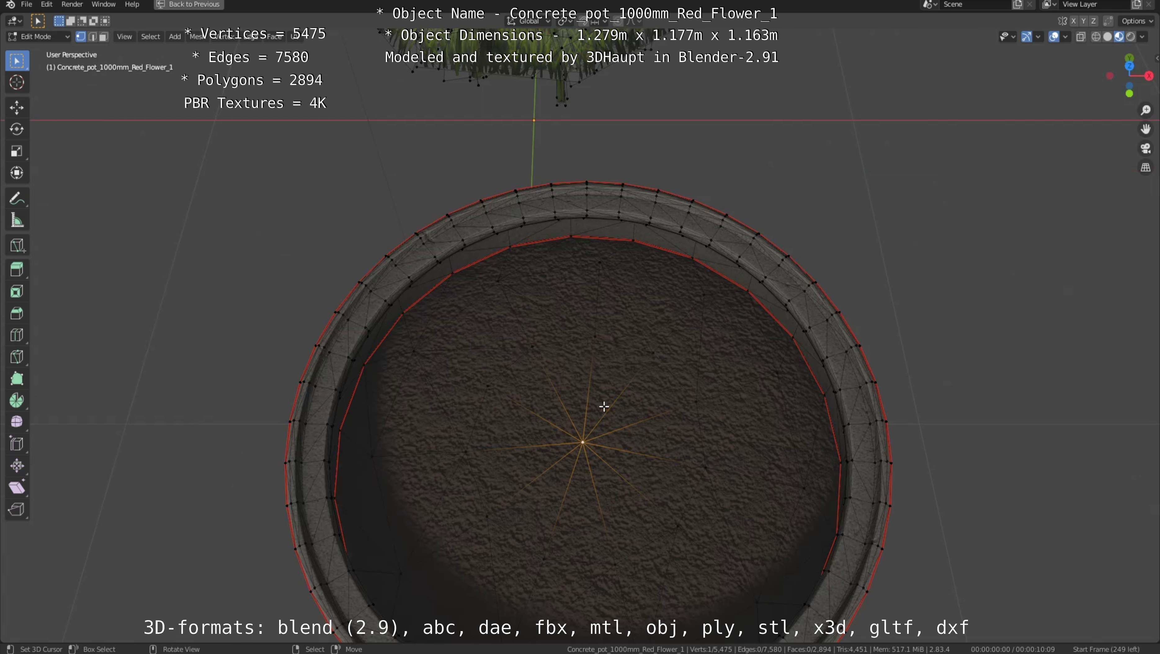 Concrete 1000mm with Red Flowers Version 1 Low-poly 3D model_40