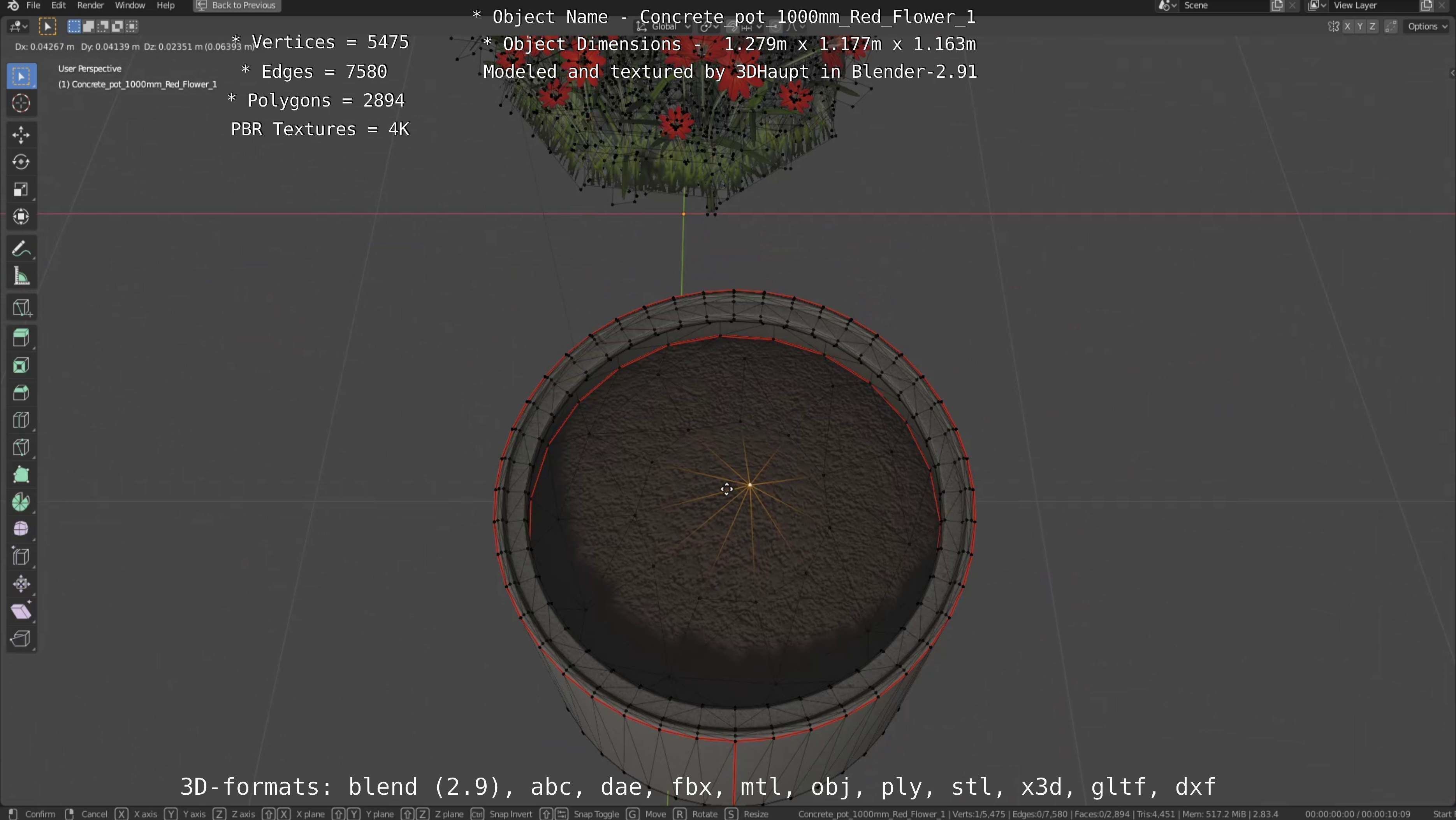 Concrete 1000mm with Red Flowers Version 1 Low-poly 3D model_122