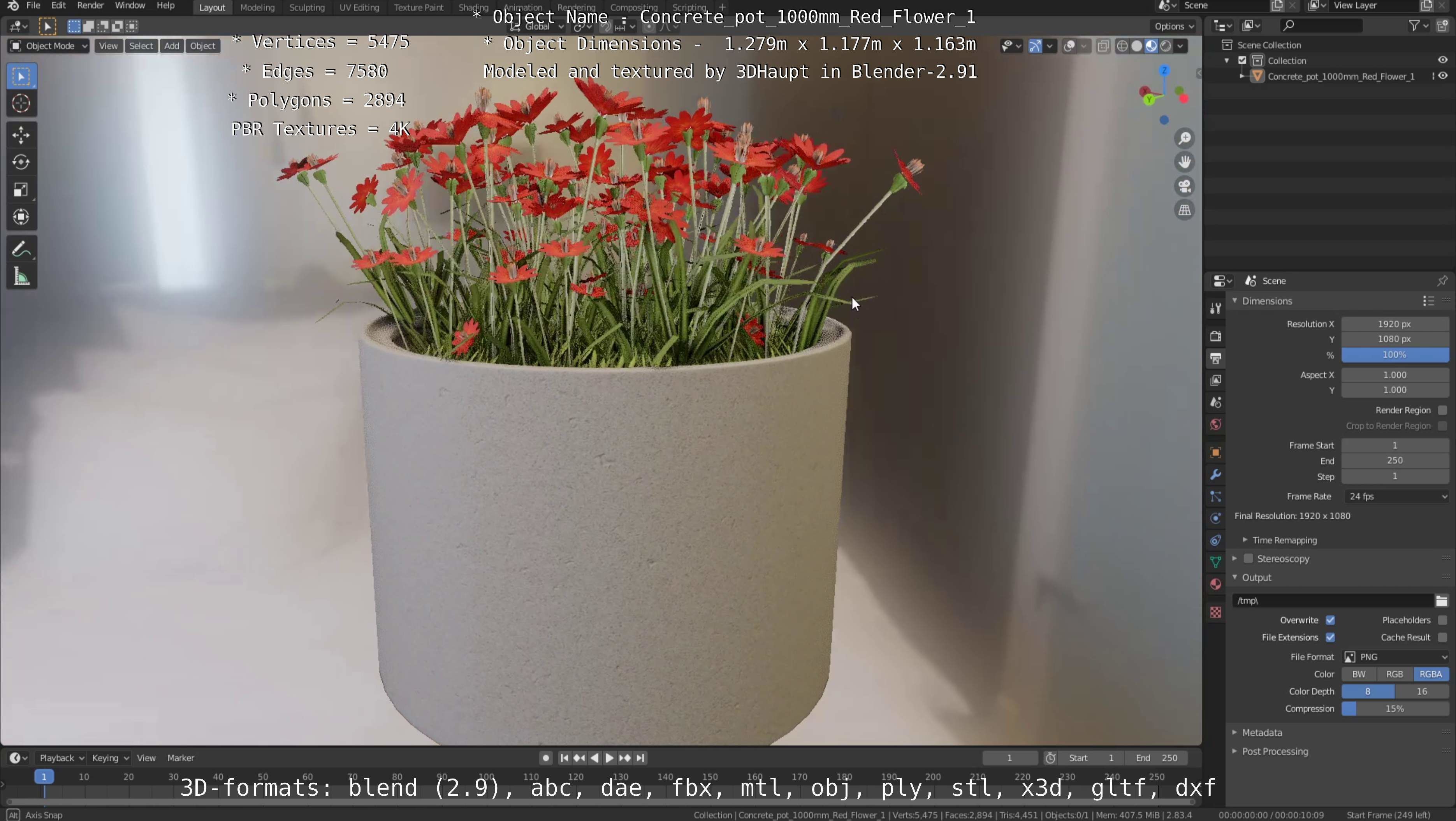 Concrete 1000mm with Red Flowers Version 1 Low-poly 3D model_2