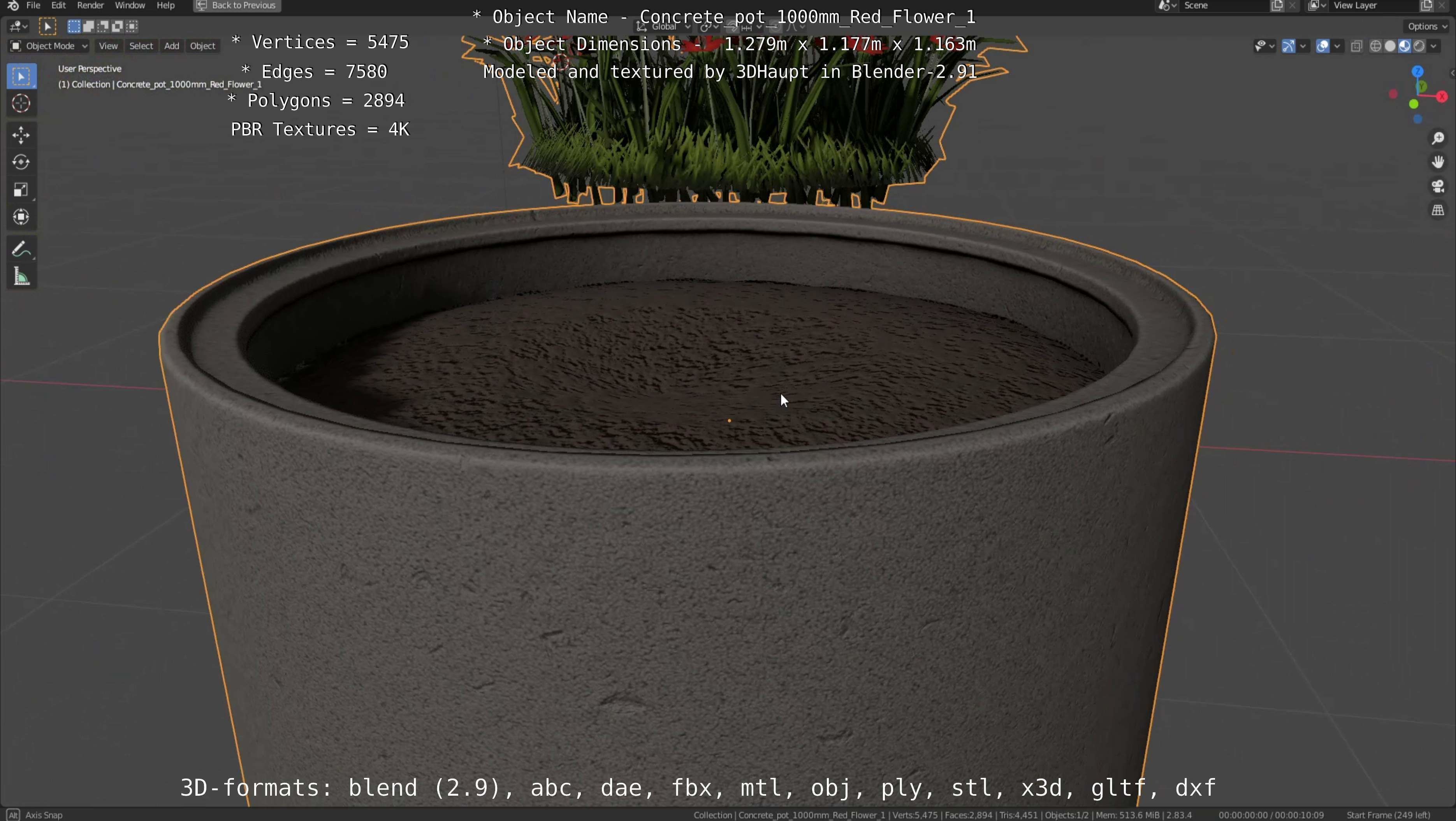Concrete 1000mm with Red Flowers Version 1 Low-poly 3D model_42
