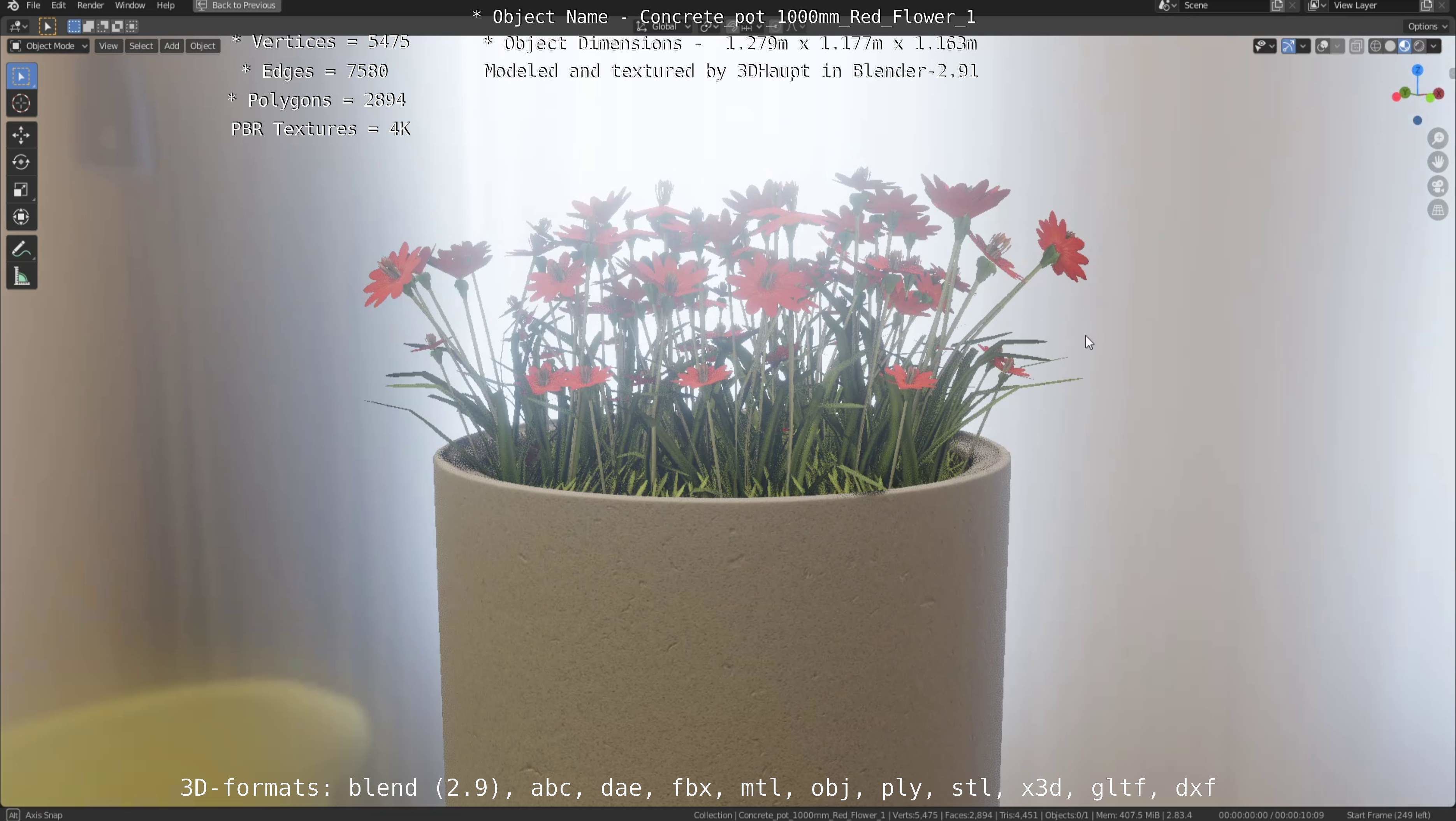 Concrete 1000mm with Red Flowers Version 1 Low-poly 3D model_33
