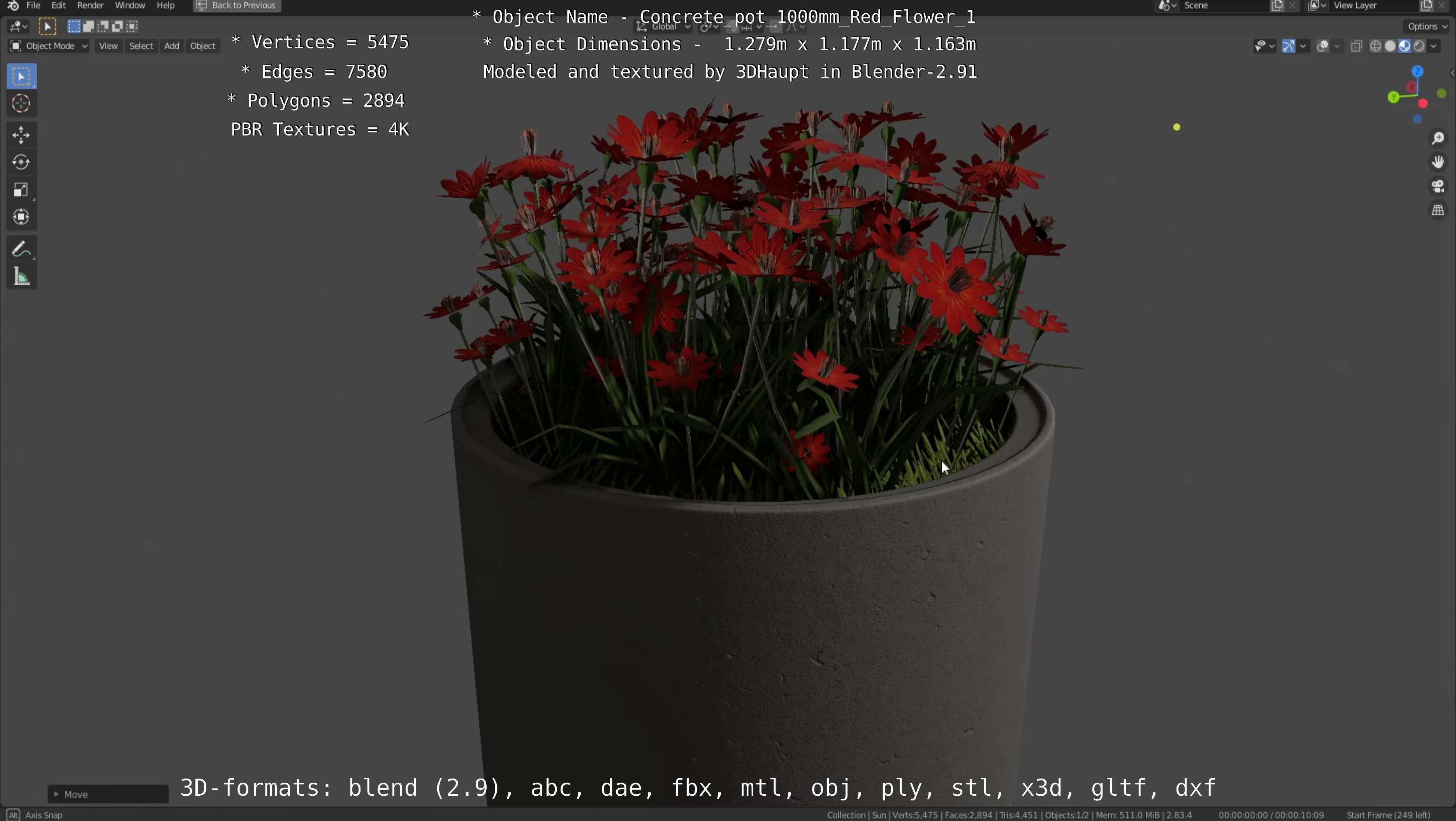 Concrete 1000mm with Red Flowers Version 1 Low-poly 3D model_110