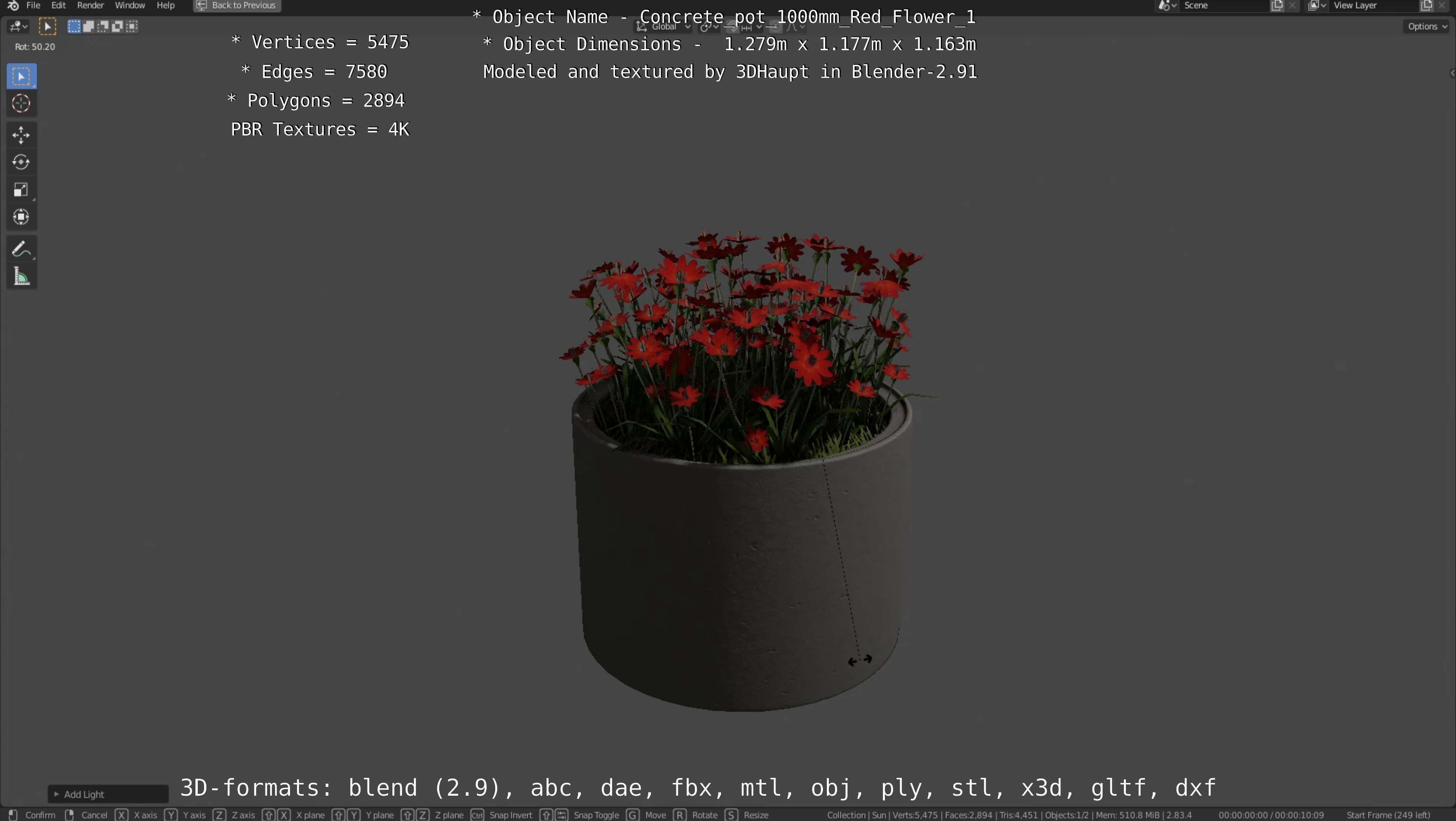 Concrete 1000mm with Red Flowers Version 1 Low-poly 3D model_10