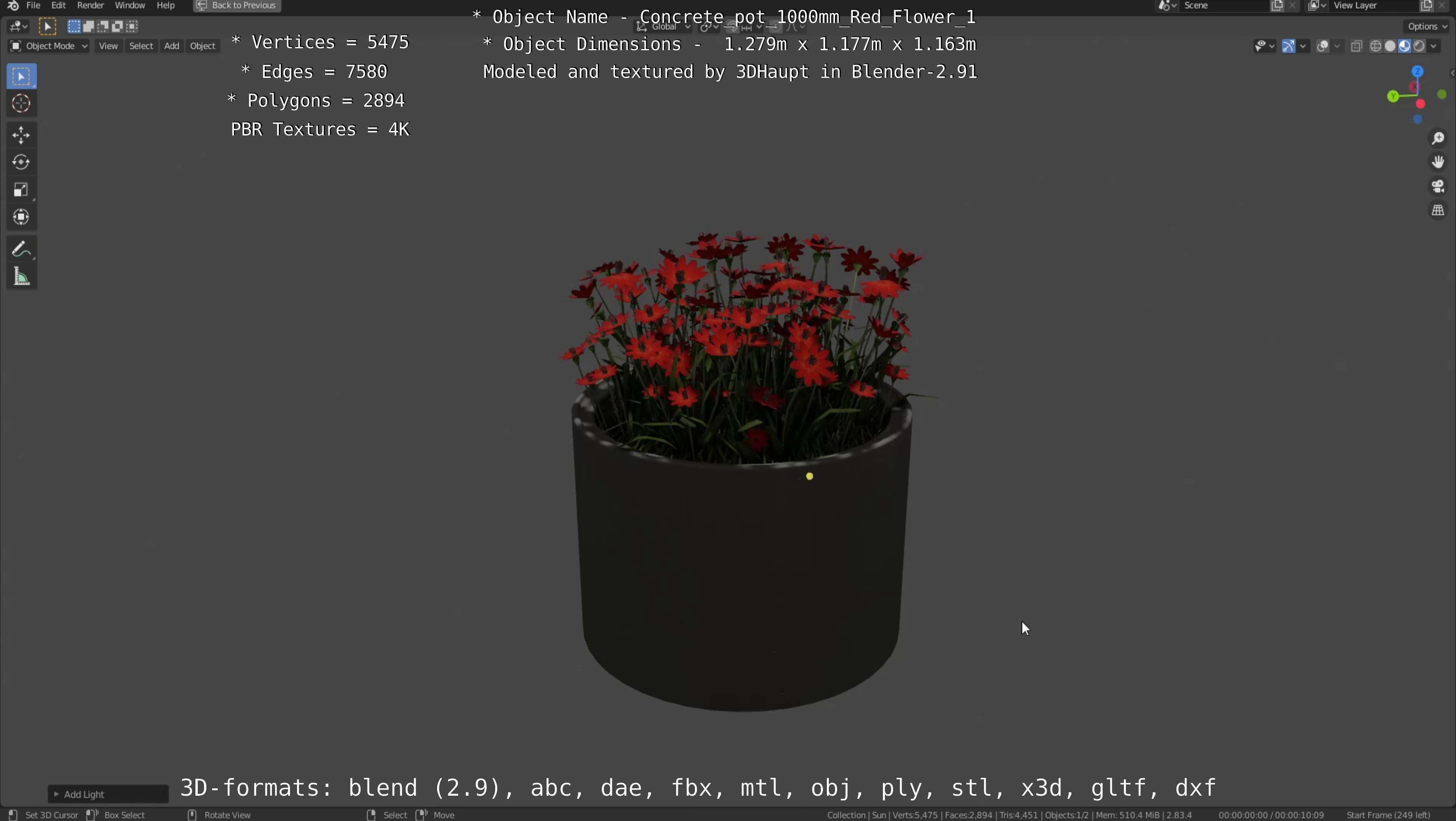 Concrete 1000mm with Red Flowers Version 1 Low-poly 3D model_106