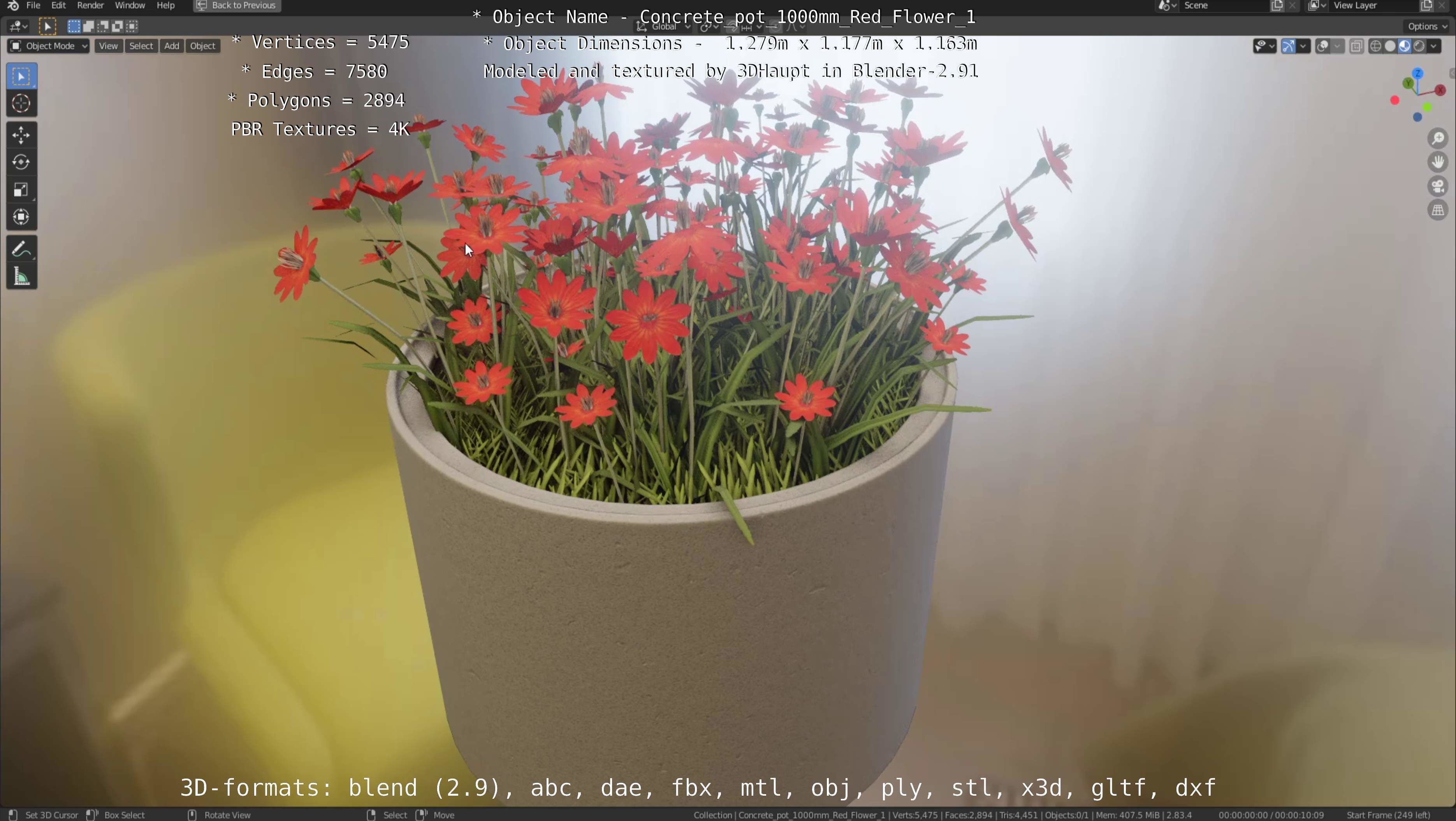 Concrete 1000mm with Red Flowers Version 1 Low-poly 3D model_3