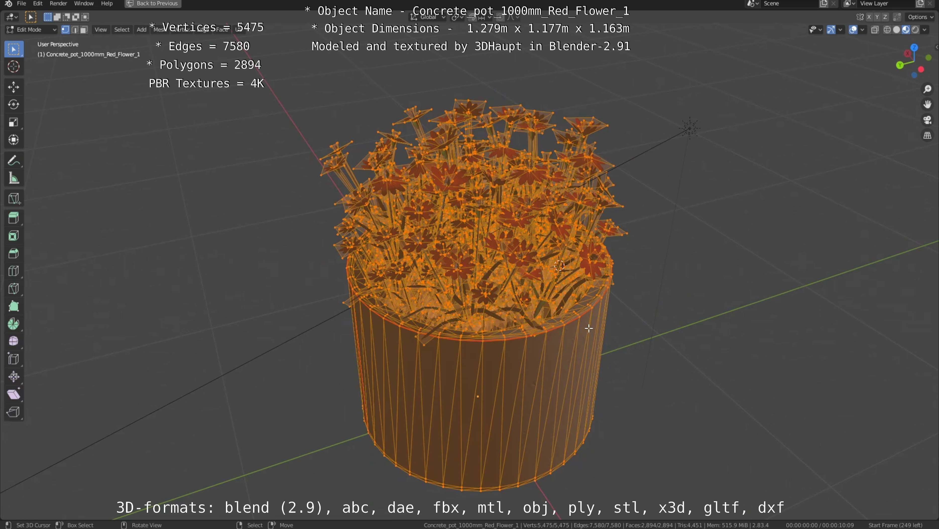 Concrete 1000mm with Red Flowers Version 1 Low-poly 3D model_16