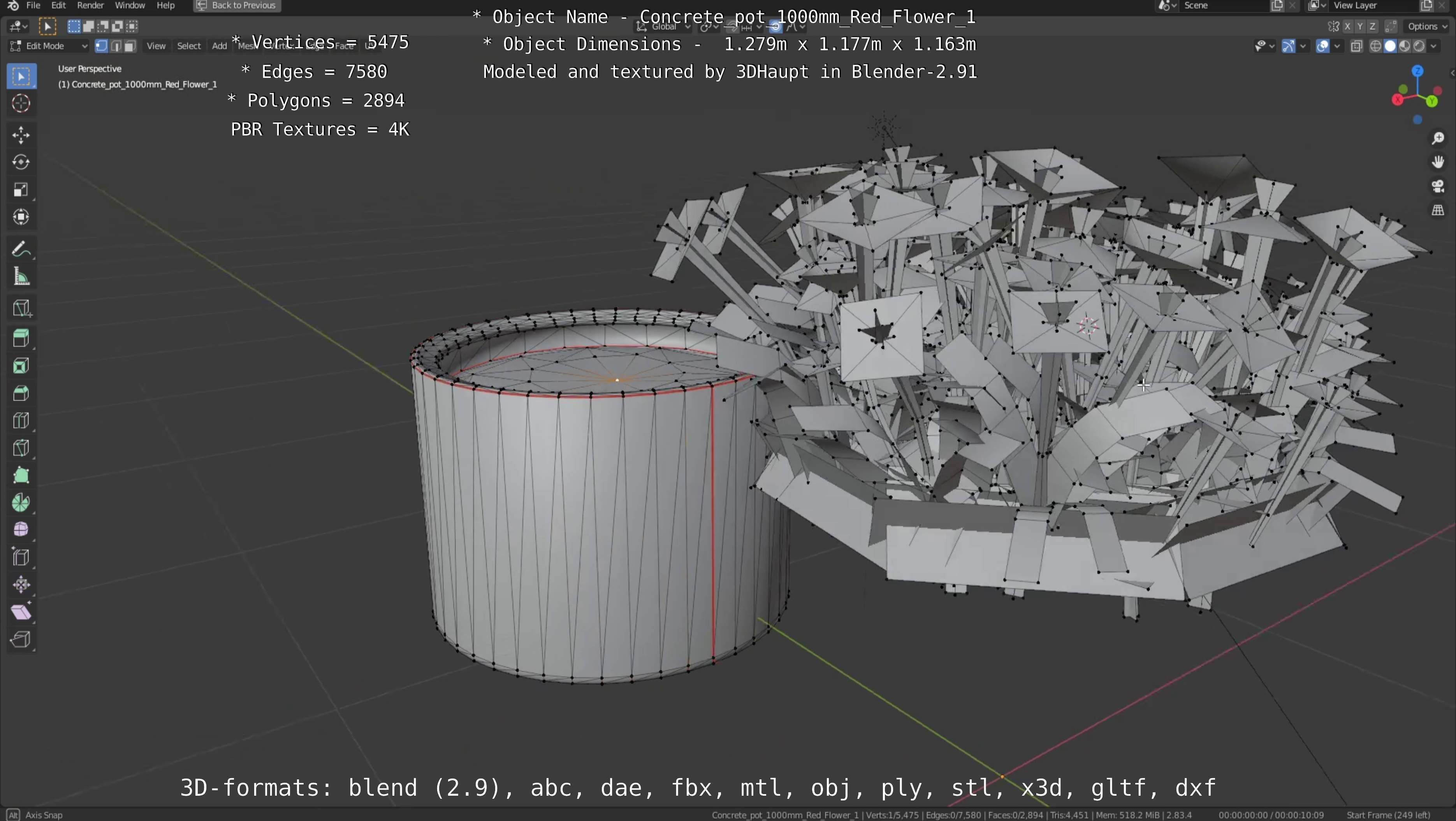 Concrete 1000mm with Red Flowers Version 1 Low-poly 3D model_30