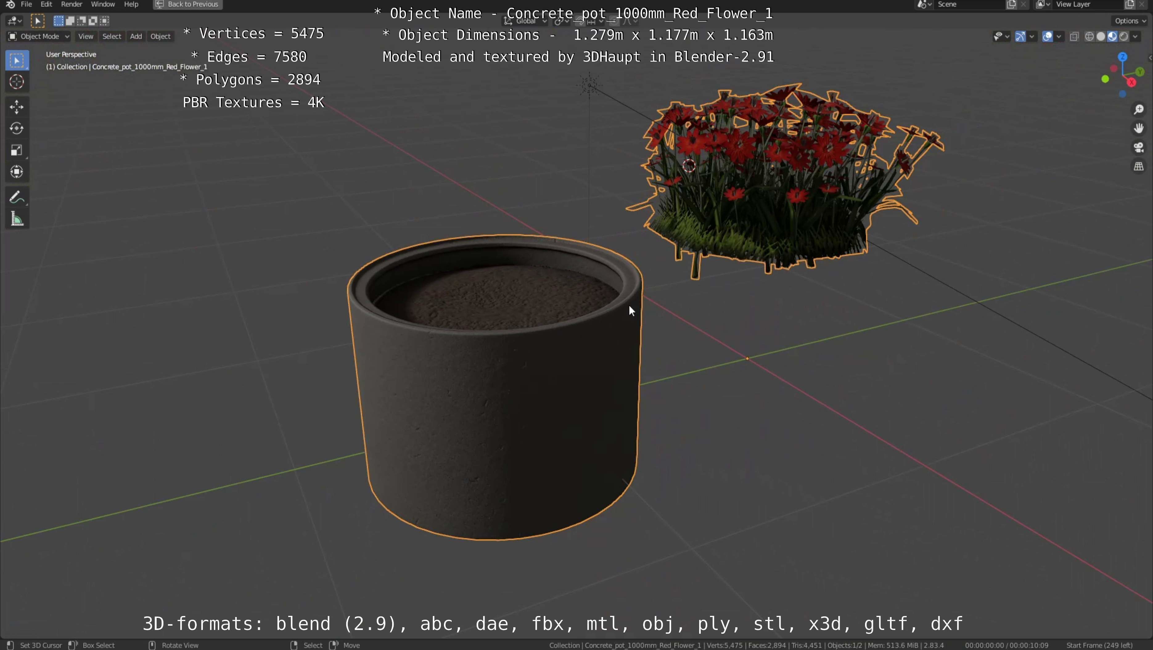 Concrete 1000mm with Red Flowers Version 1 Low-poly 3D model_44