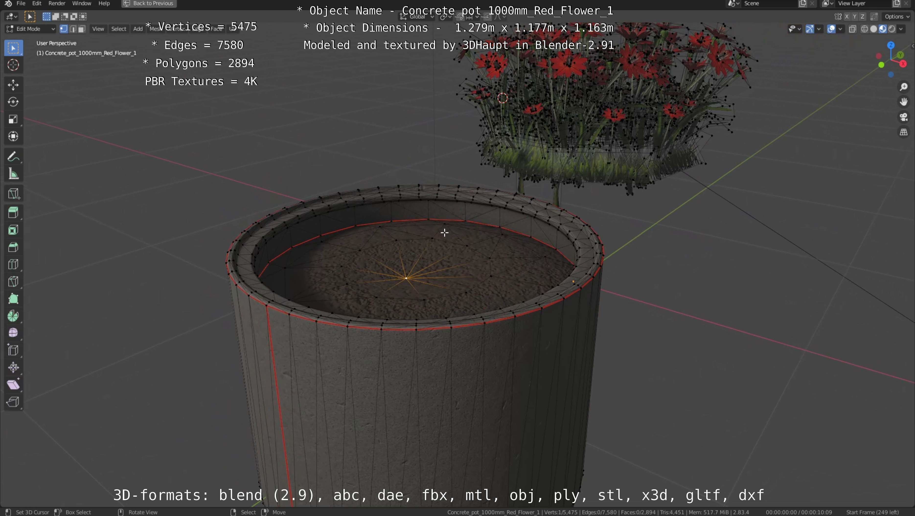 Concrete 1000mm with Red Flowers Version 1 Low-poly 3D model_48