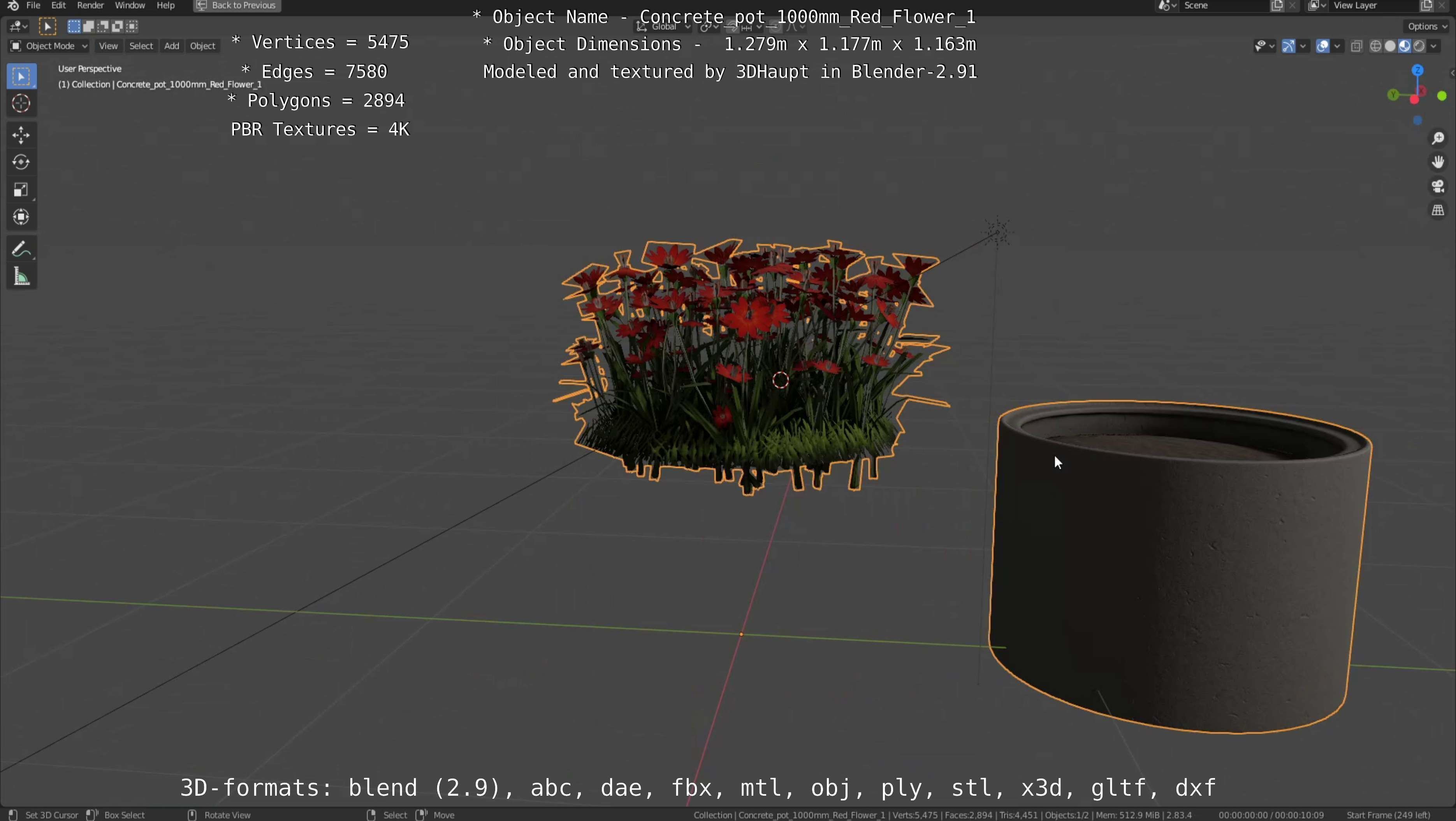 Concrete 1000mm with Red Flowers Version 1 Low-poly 3D model_113