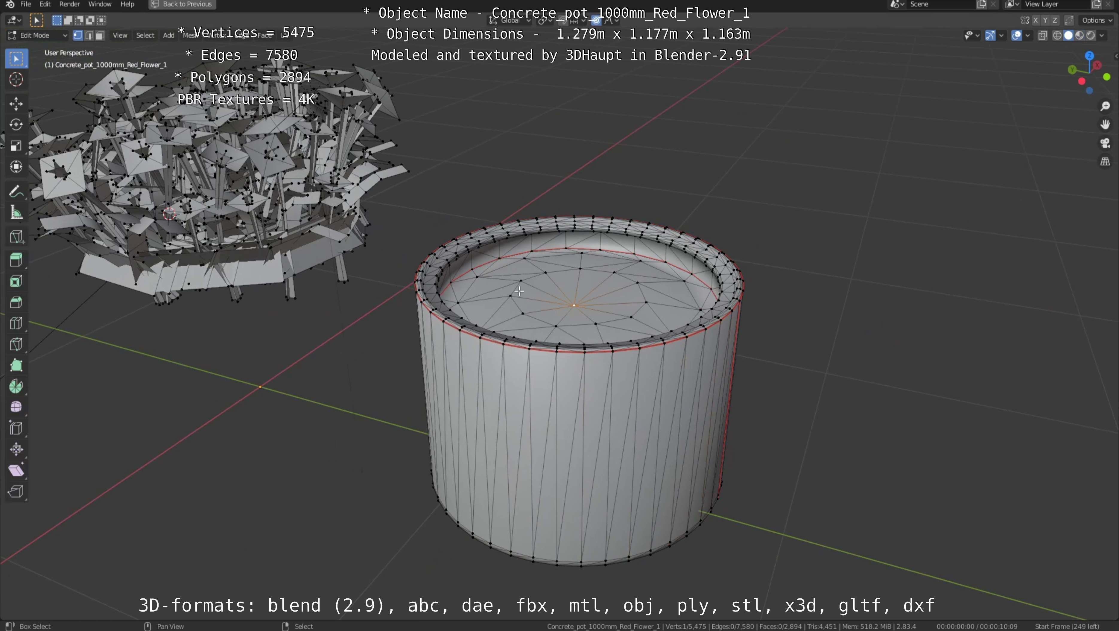 Concrete 1000mm with Red Flowers Version 1 Low-poly 3D model_64