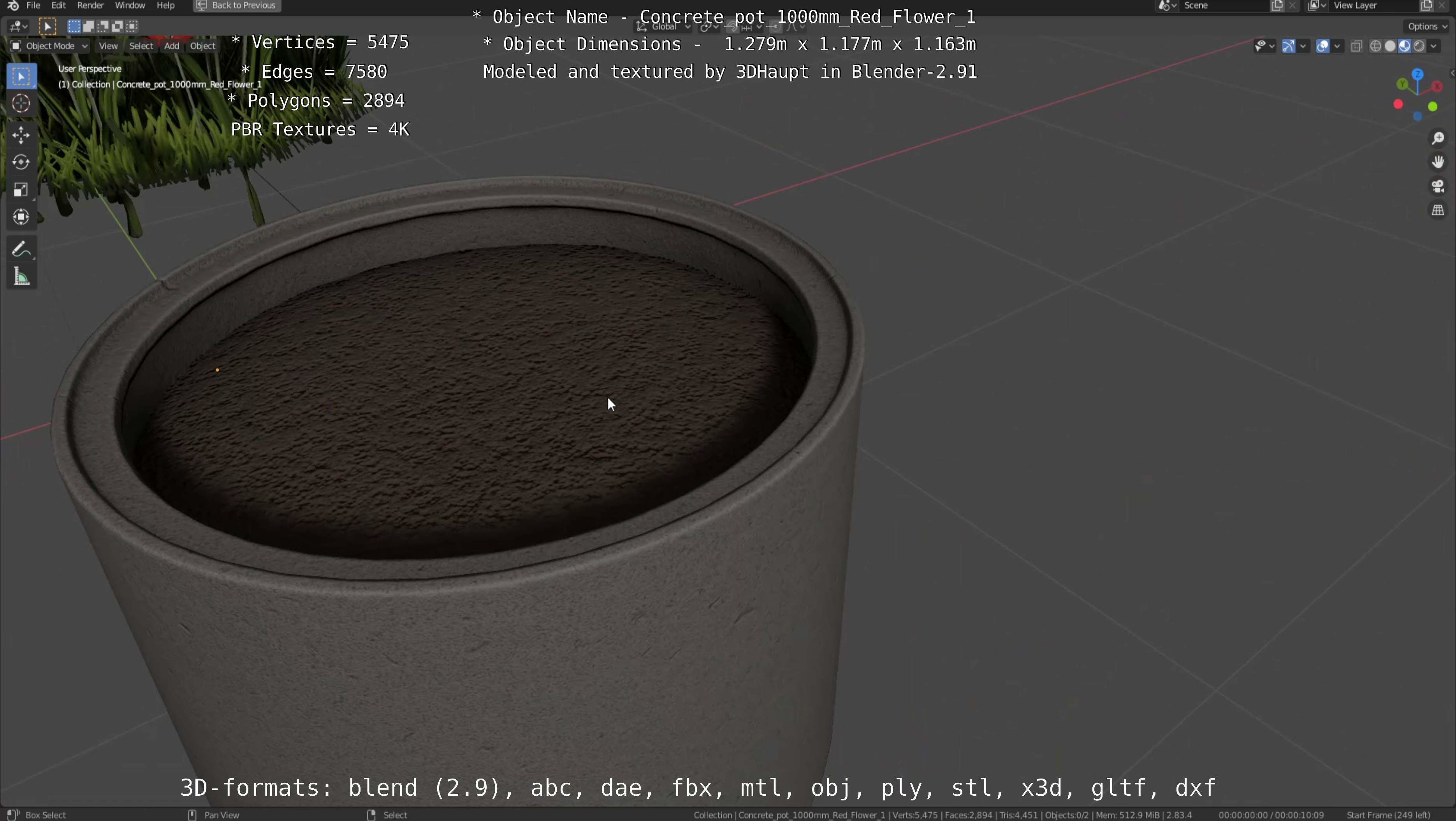 Concrete 1000mm with Red Flowers Version 1 Low-poly 3D model_20