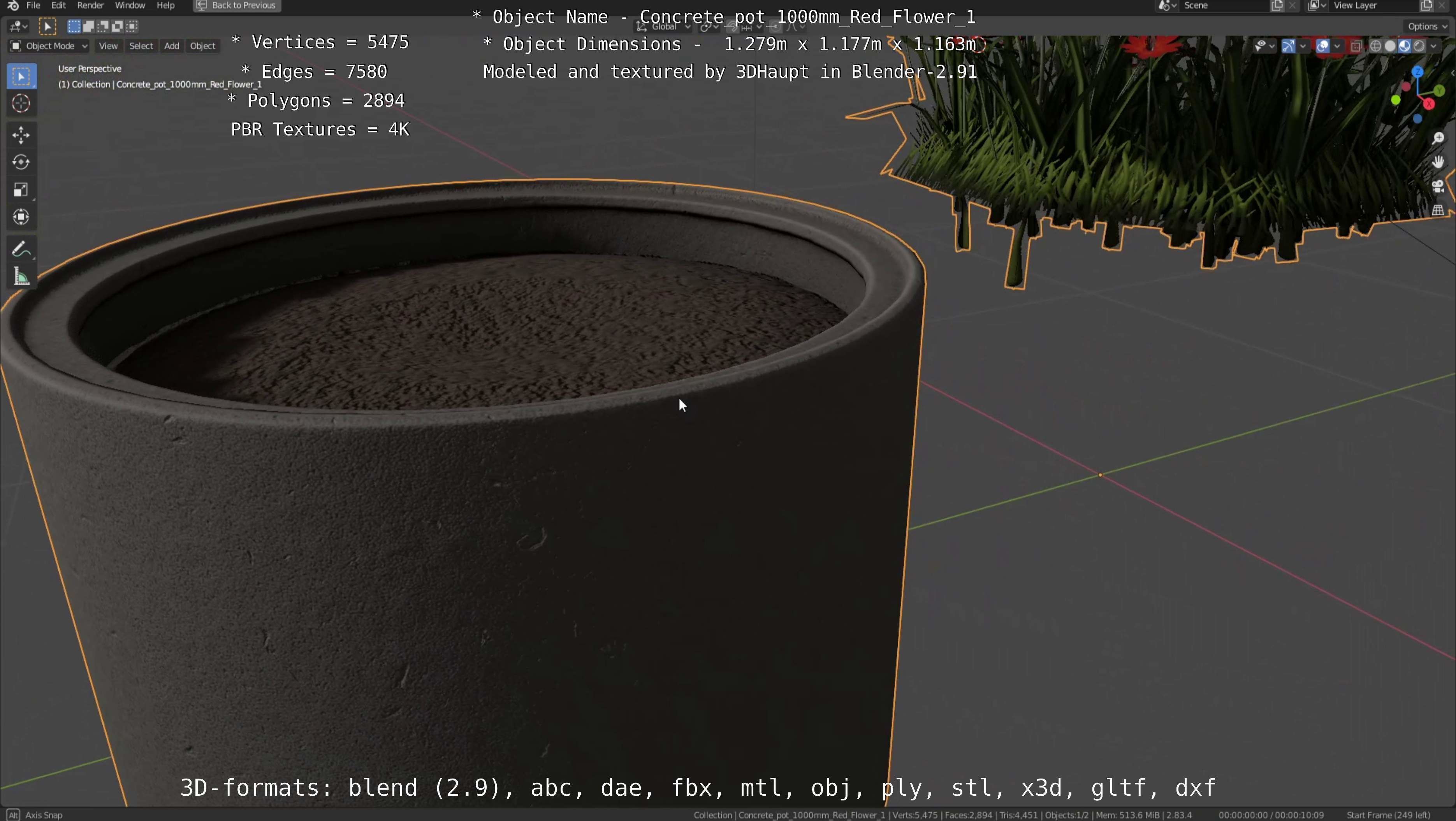 Concrete 1000mm with Red Flowers Version 1 Low-poly 3D model_43