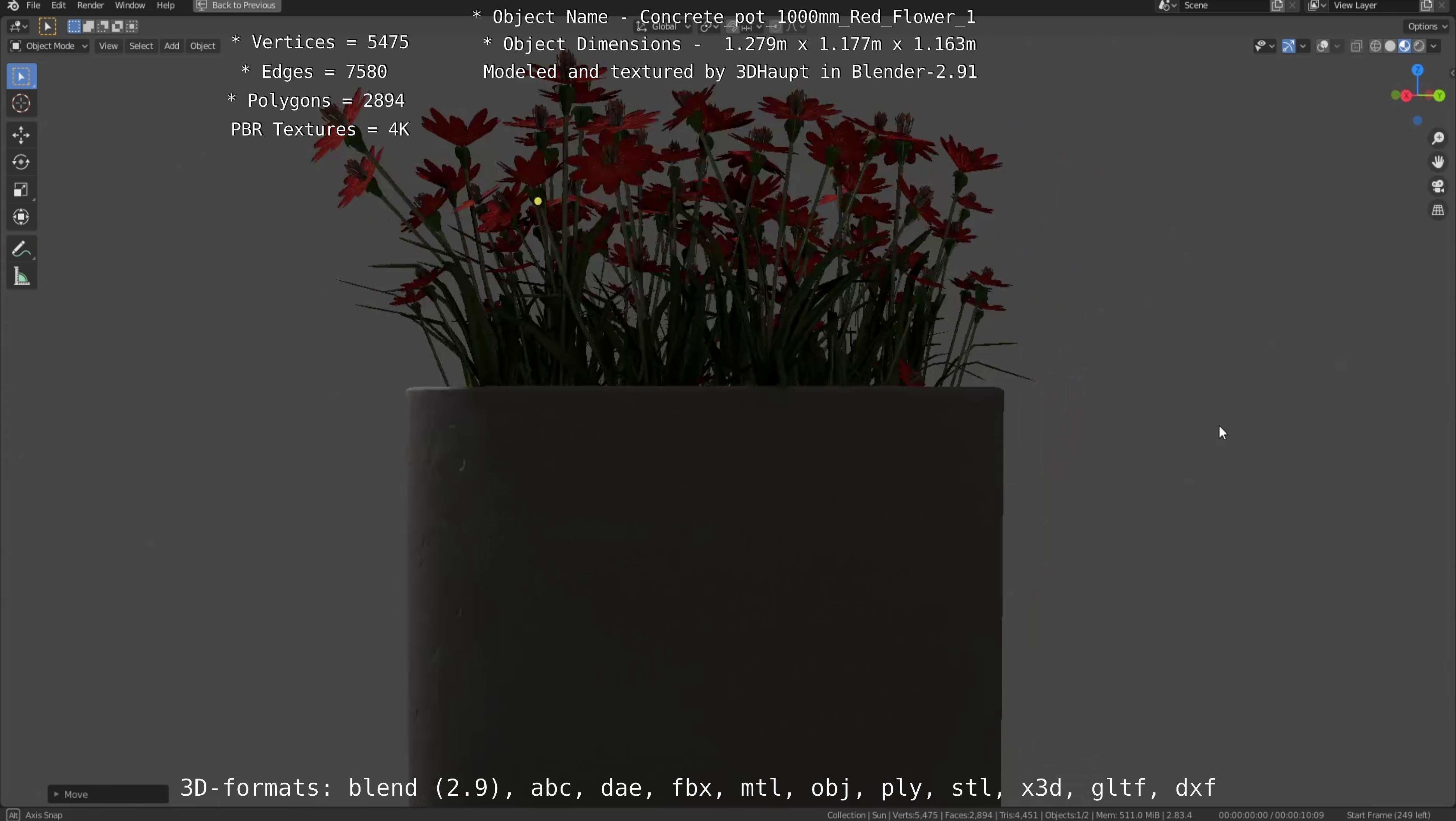 Concrete 1000mm with Red Flowers Version 1 Low-poly 3D model_112