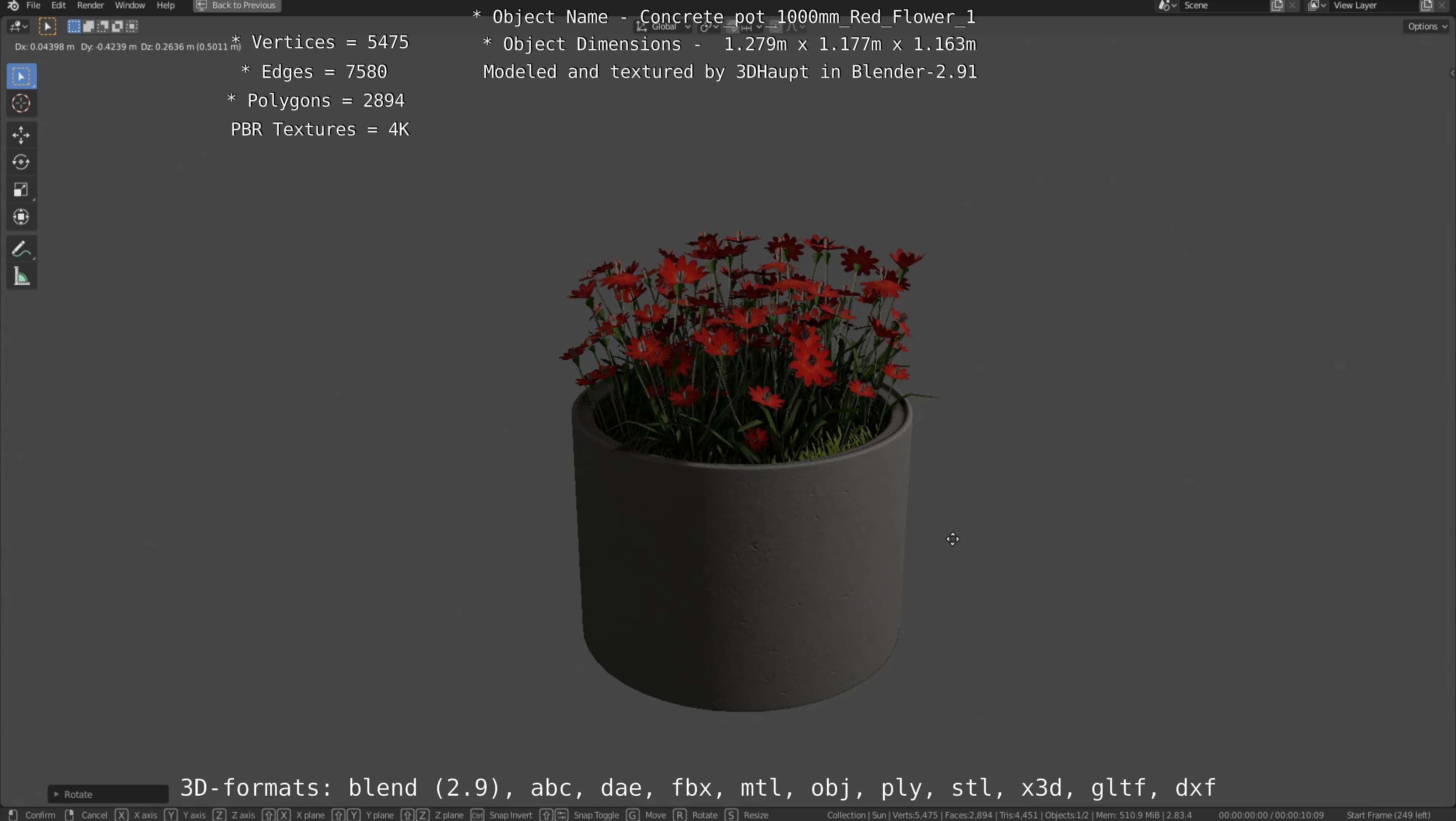 Concrete 1000mm with Red Flowers Version 1 Low-poly 3D model_108