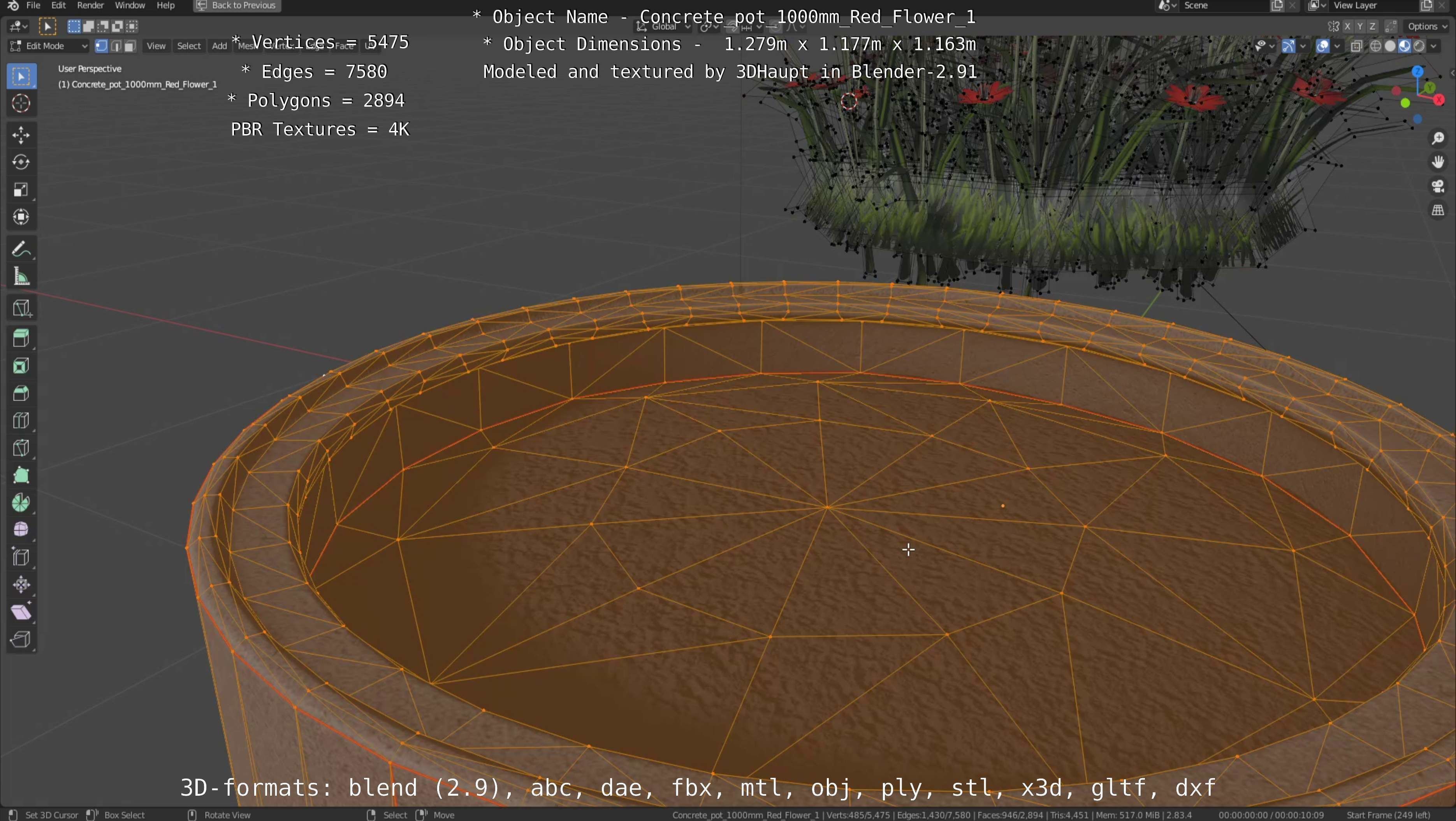 Concrete 1000mm with Red Flowers Version 1 Low-poly 3D model_61
