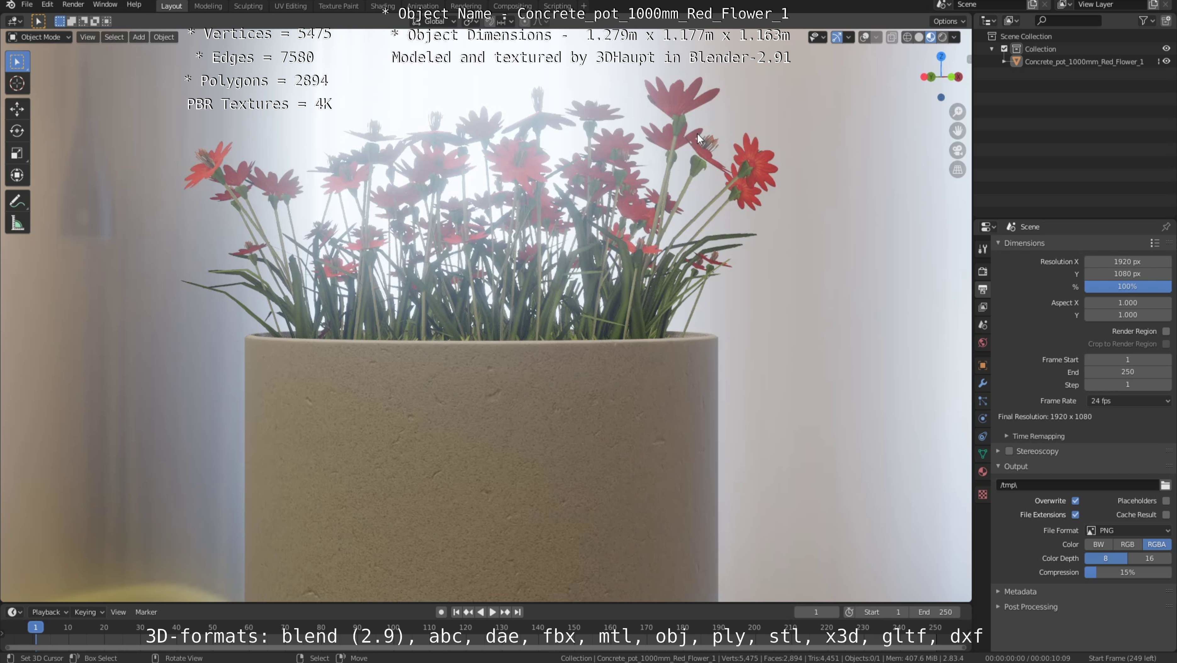 Concrete 1000mm with Red Flowers Version 1 Low-poly 3D model_24