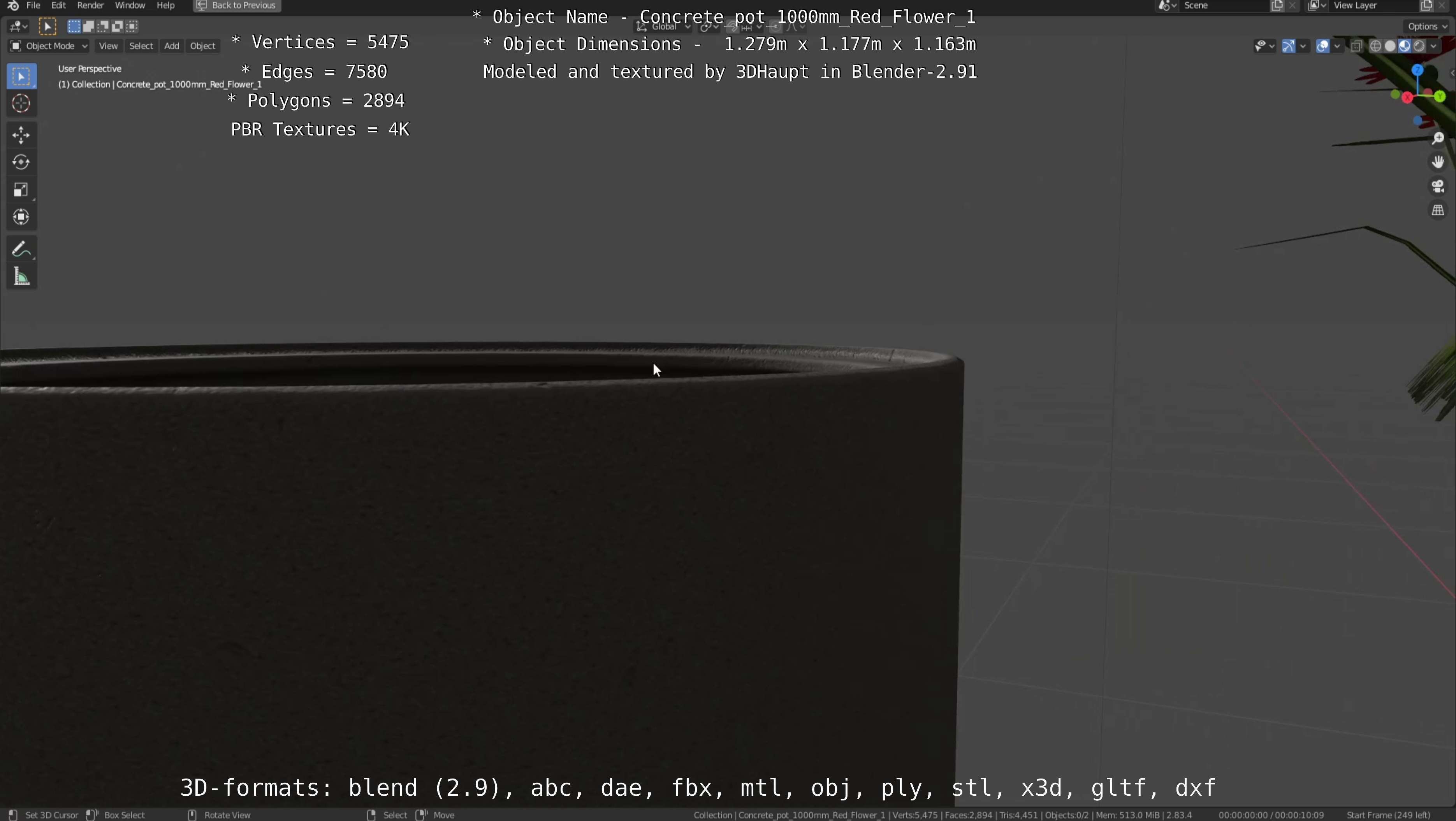 Concrete 1000mm with Red Flowers Version 1 Low-poly 3D model_23