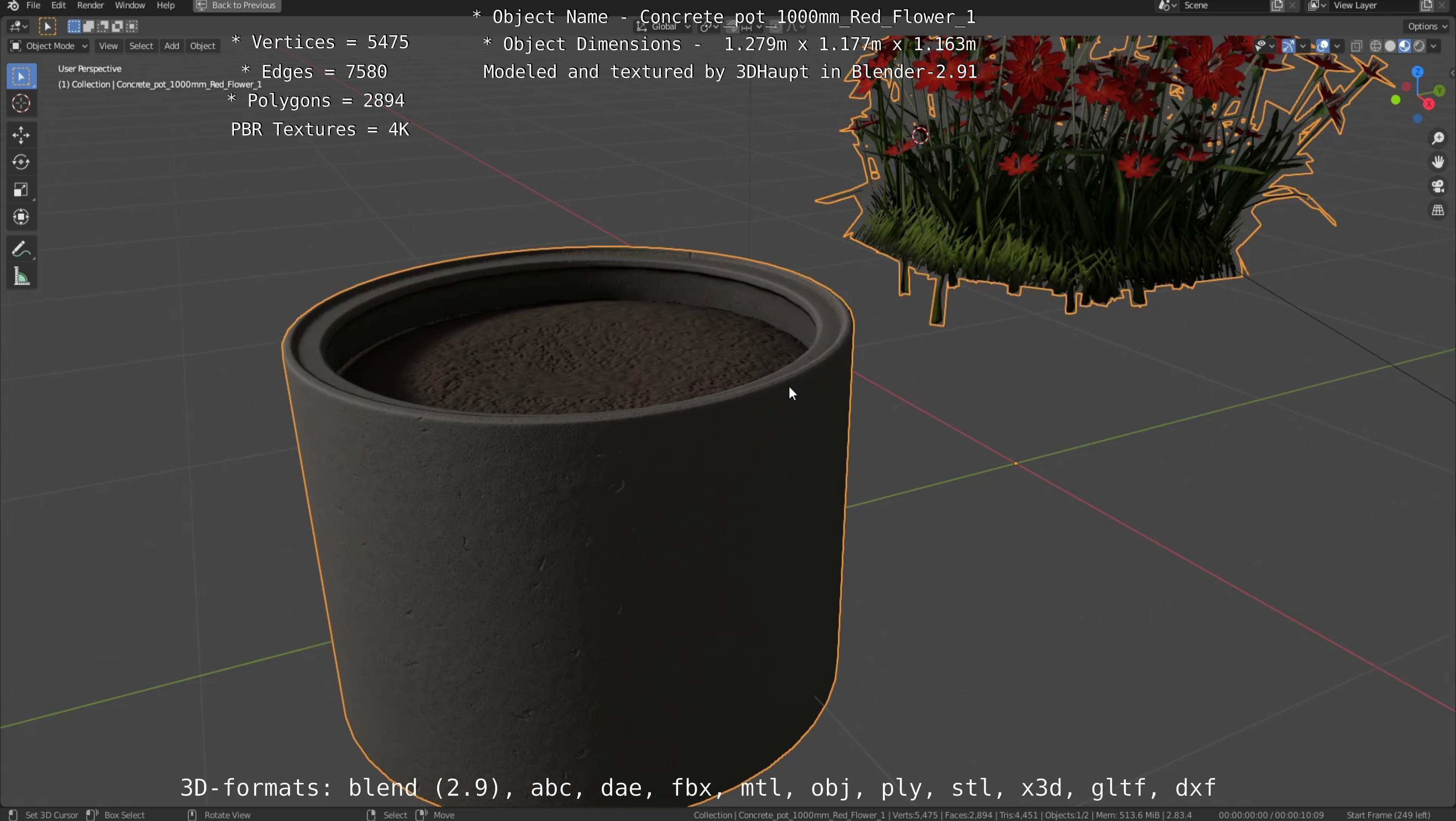 Concrete 1000mm with Red Flowers Version 1 Low-poly 3D model_45