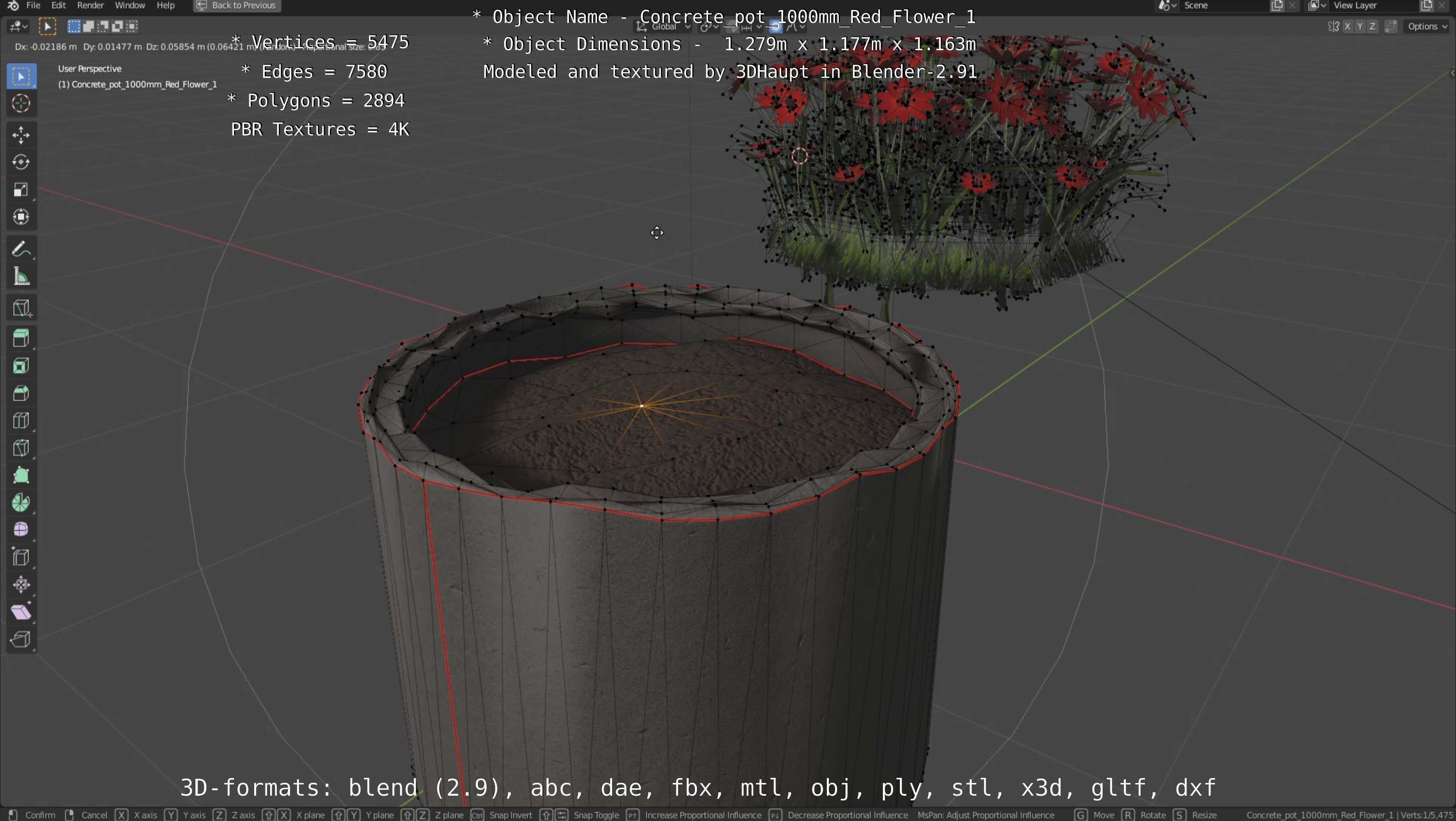 Concrete 1000mm with Red Flowers Version 1 Low-poly 3D model_53