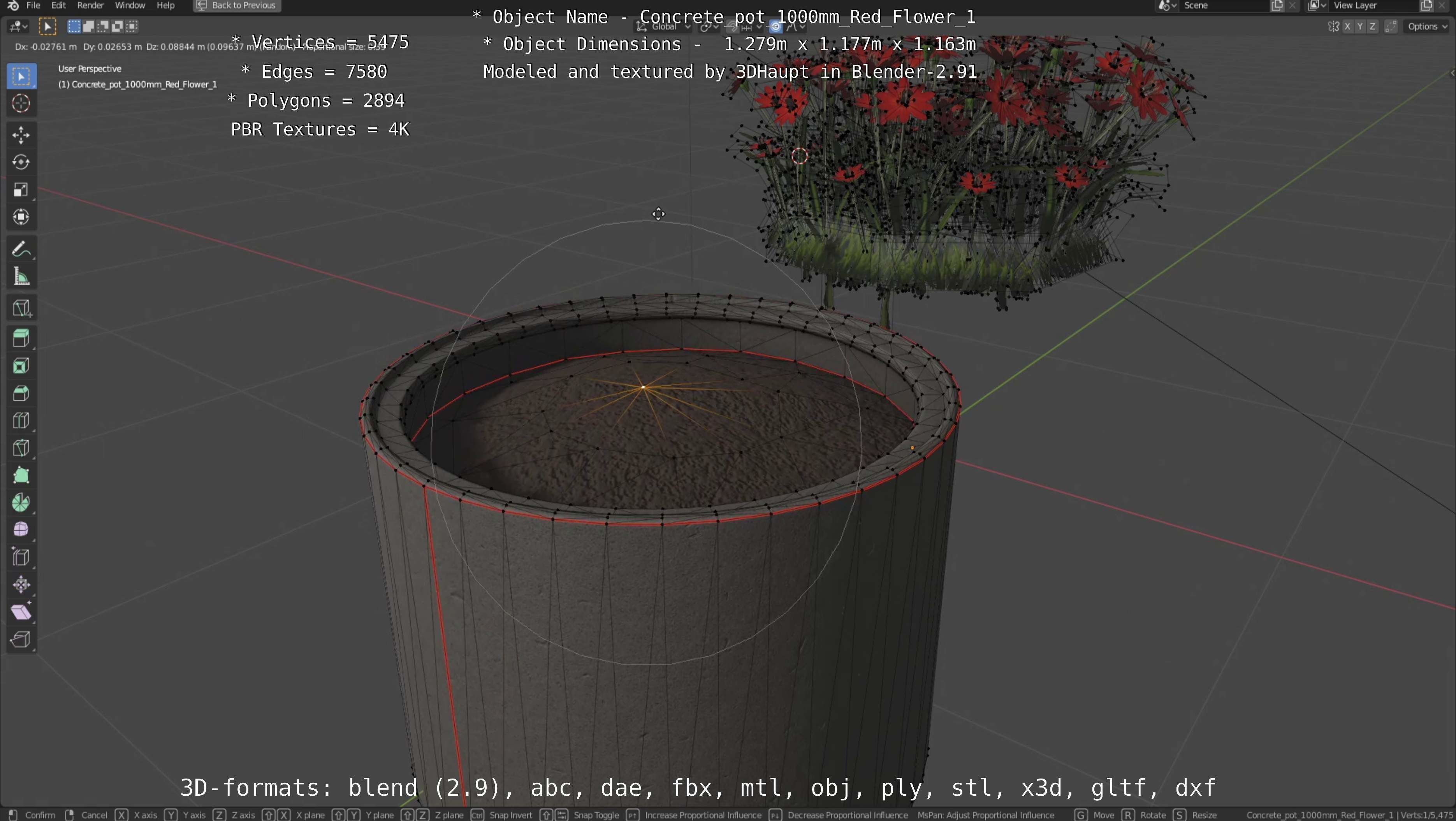 Concrete 1000mm with Red Flowers Version 1 Low-poly 3D model_55