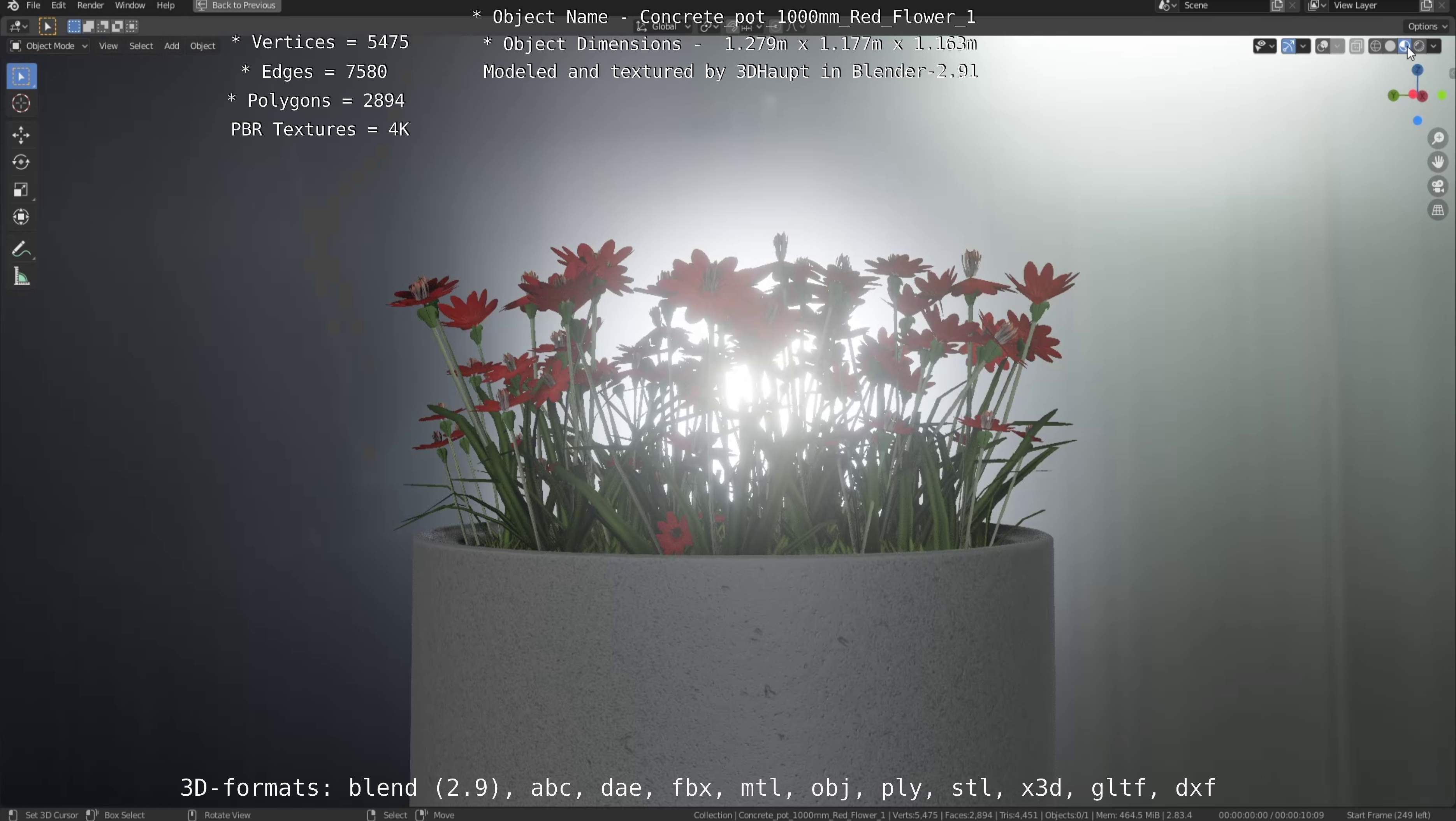 Concrete 1000mm with Red Flowers Version 1 Low-poly 3D model_7