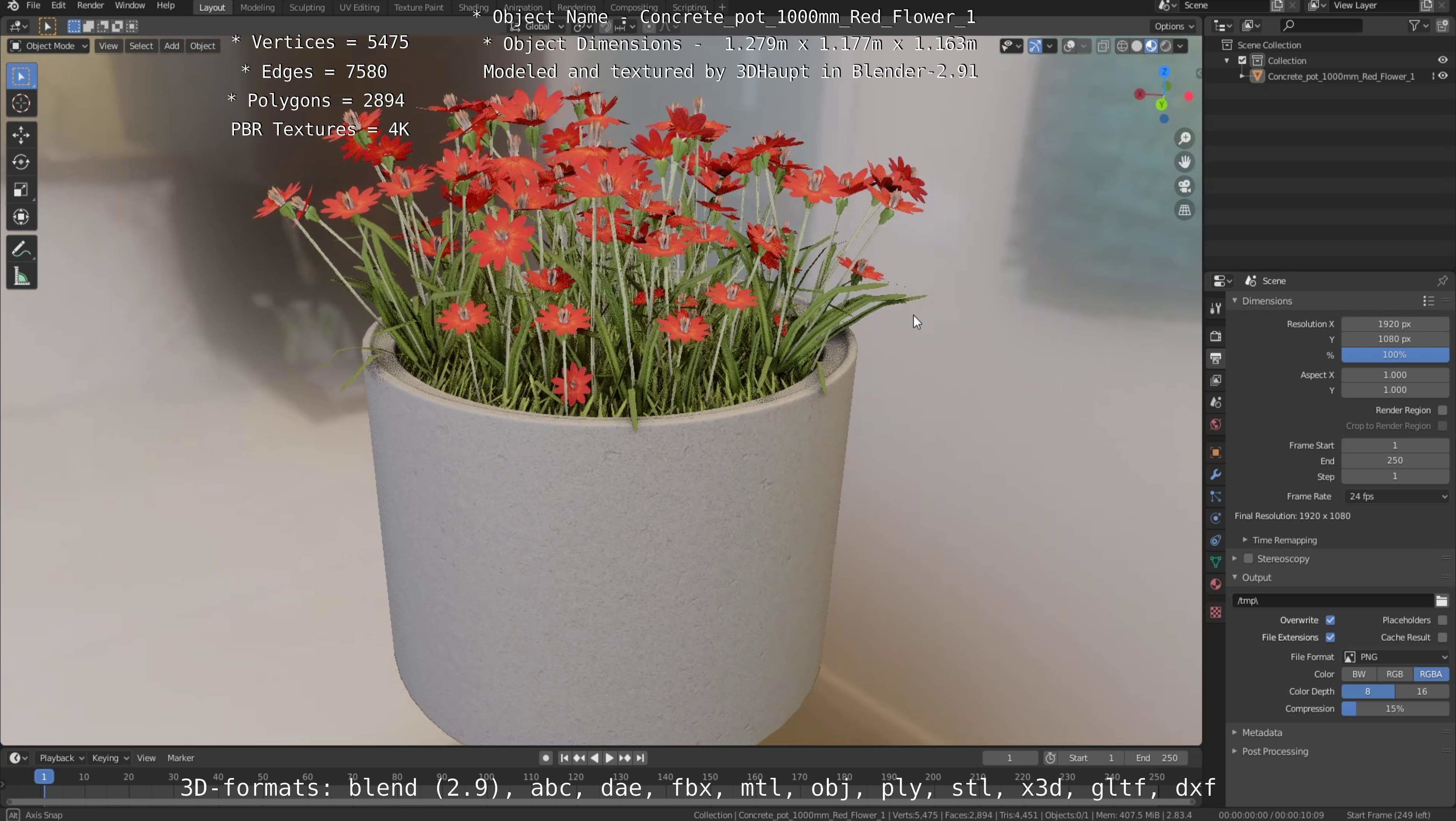 Concrete 1000mm with Red Flowers Version 1 Low-poly 3D model_73